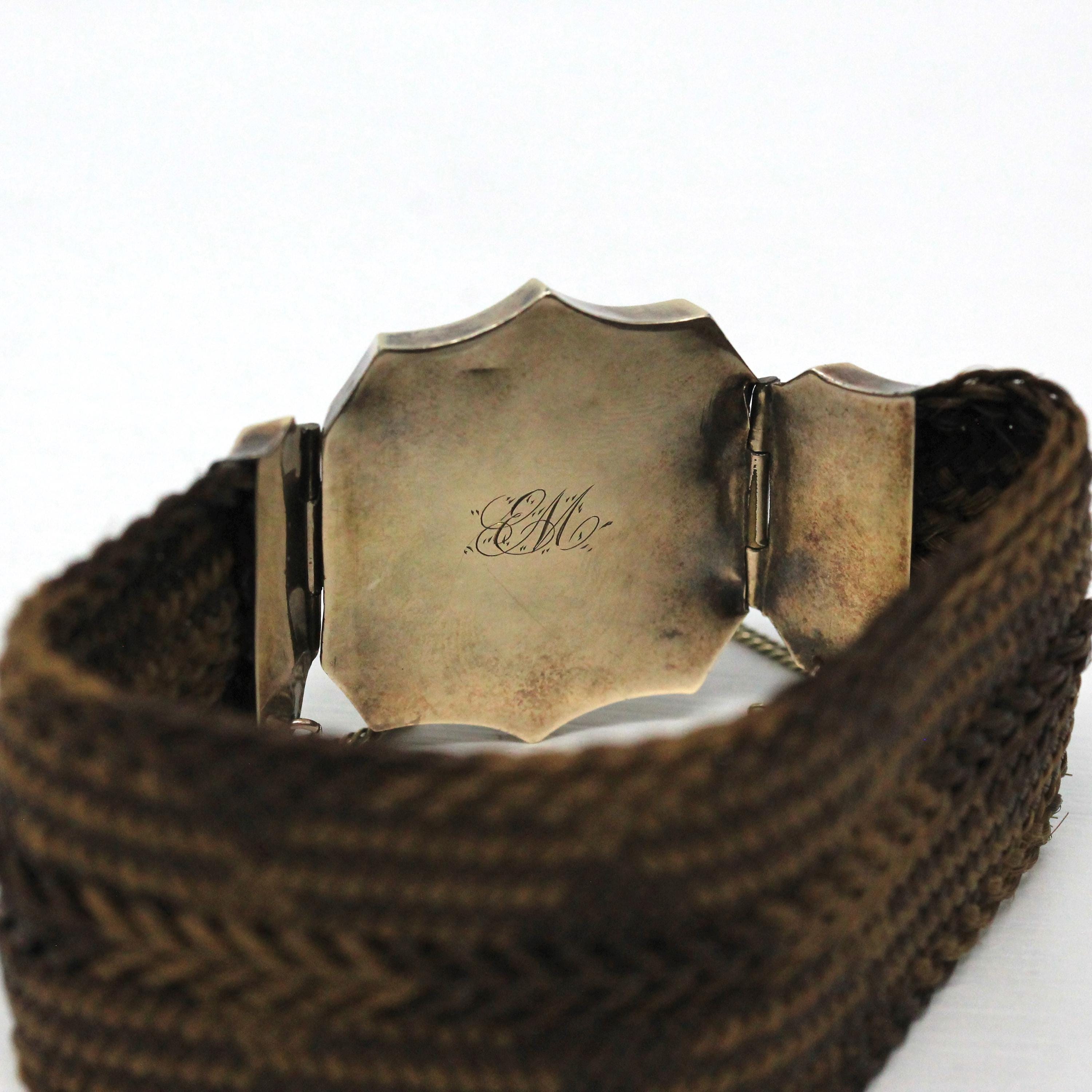 Victorian Hair Bracelet - Antique 10k Gold Woven Photo Keepsake Locket - 1800s 19th Century Statement Mourning Engraved "EM" Fine Jewelry