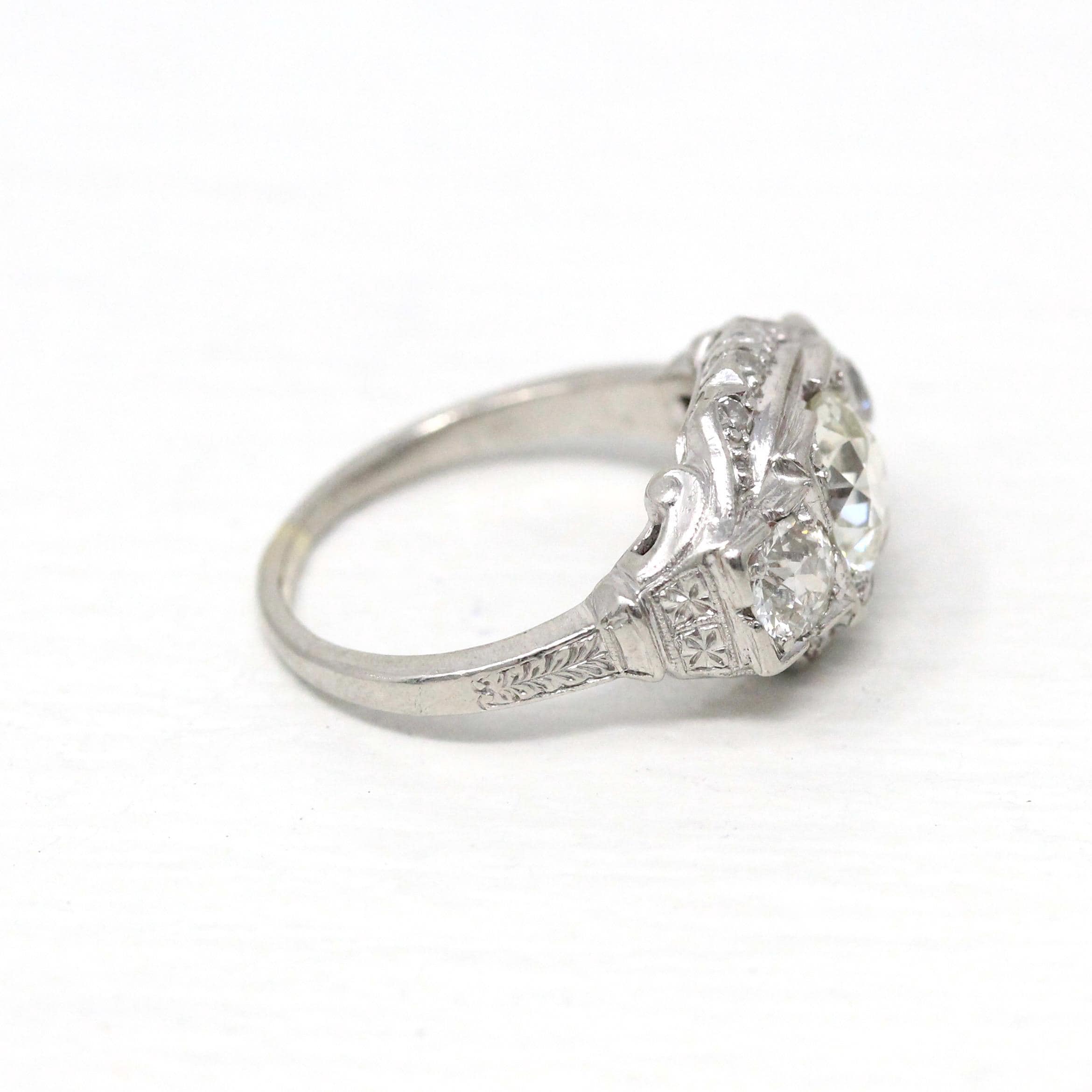 Antique Engagement Ring - Platinum Art Deco 1.87 CTW Genuine Diamond - Circa 1920s Sz 5.25 Fine 3 Stone Across Filigree Jewelry w/ Report