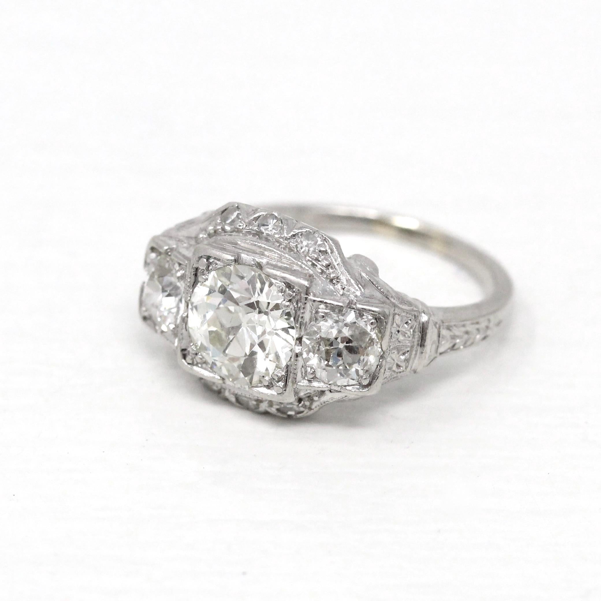 Antique Engagement Ring - Platinum Art Deco 1.87 CTW Genuine Diamond - Circa 1920s Sz 5.25 Fine 3 Stone Across Filigree Jewelry w/ Report