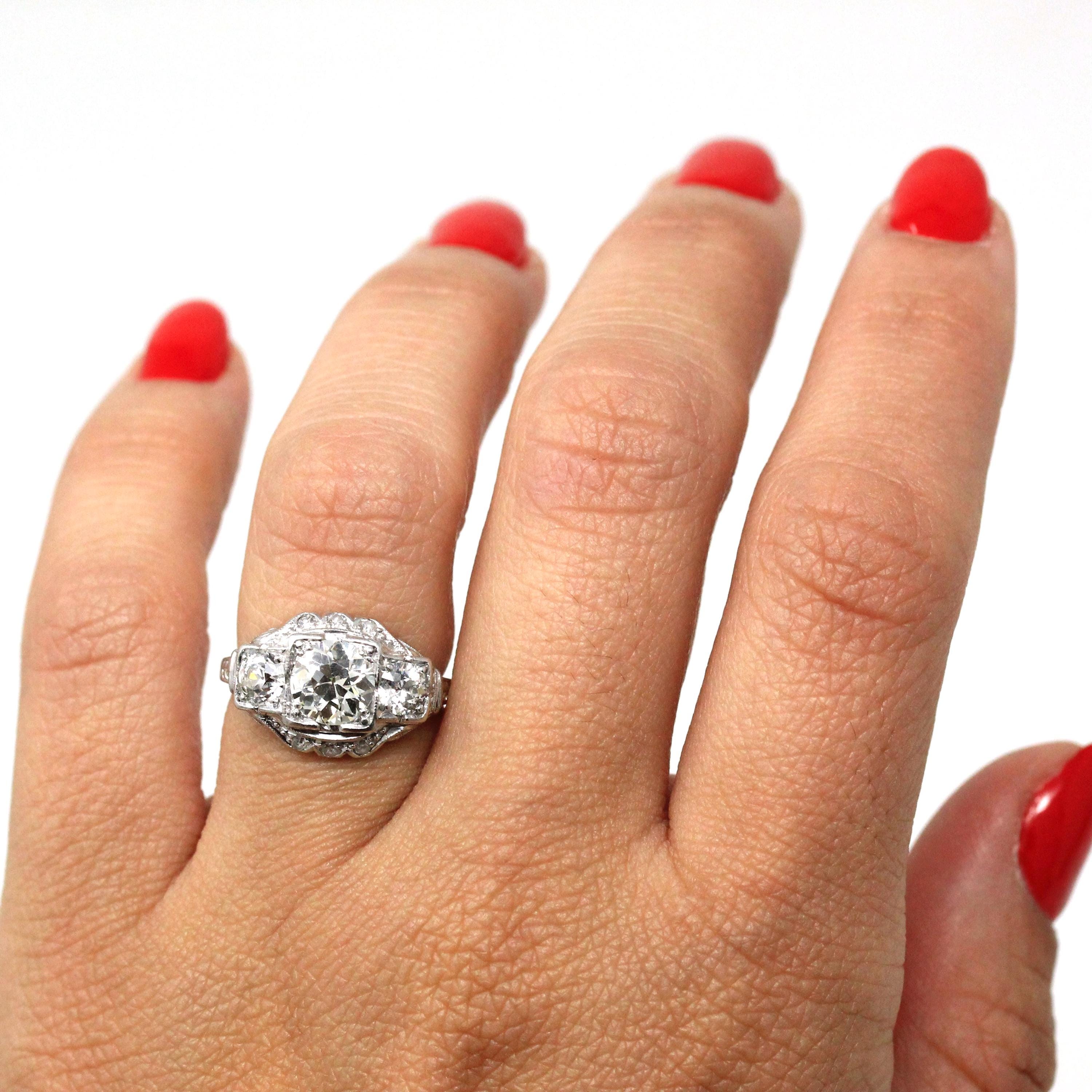 Antique Engagement Ring - Platinum Art Deco 1.87 CTW Genuine Diamond - Circa 1920s Sz 5.25 Fine 3 Stone Across Filigree Jewelry w/ Report