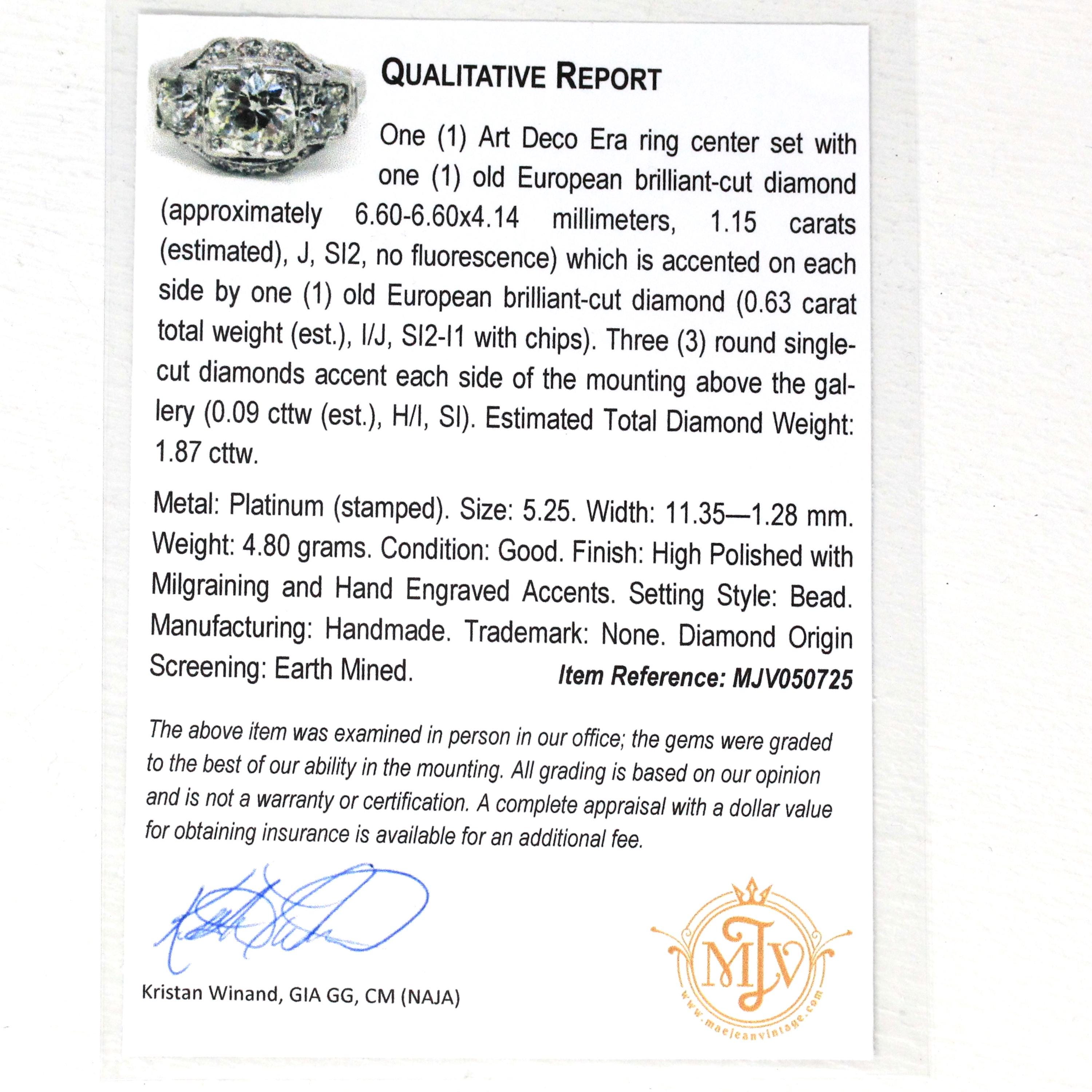 Antique Engagement Ring - Platinum Art Deco 1.87 CTW Genuine Diamond - Circa 1920s Sz 5.25 Fine 3 Stone Across Filigree Jewelry w/ Report