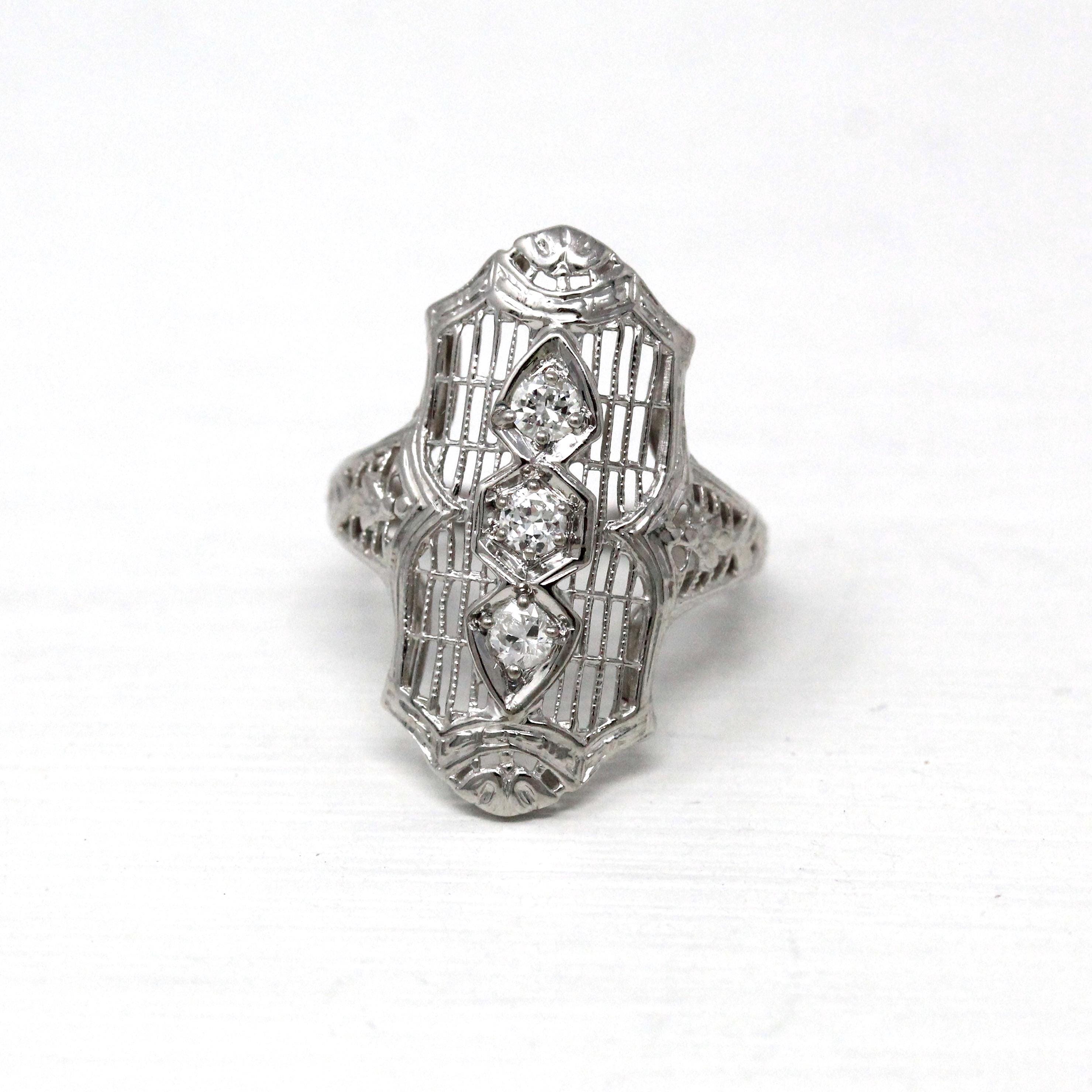 Antique Shield Ring - Art Deco 18k White Gold Genuine Round Brilliant Old European Cut Diamonds - Circa 20s Era Size 3 Fine Filigree Jewelry
