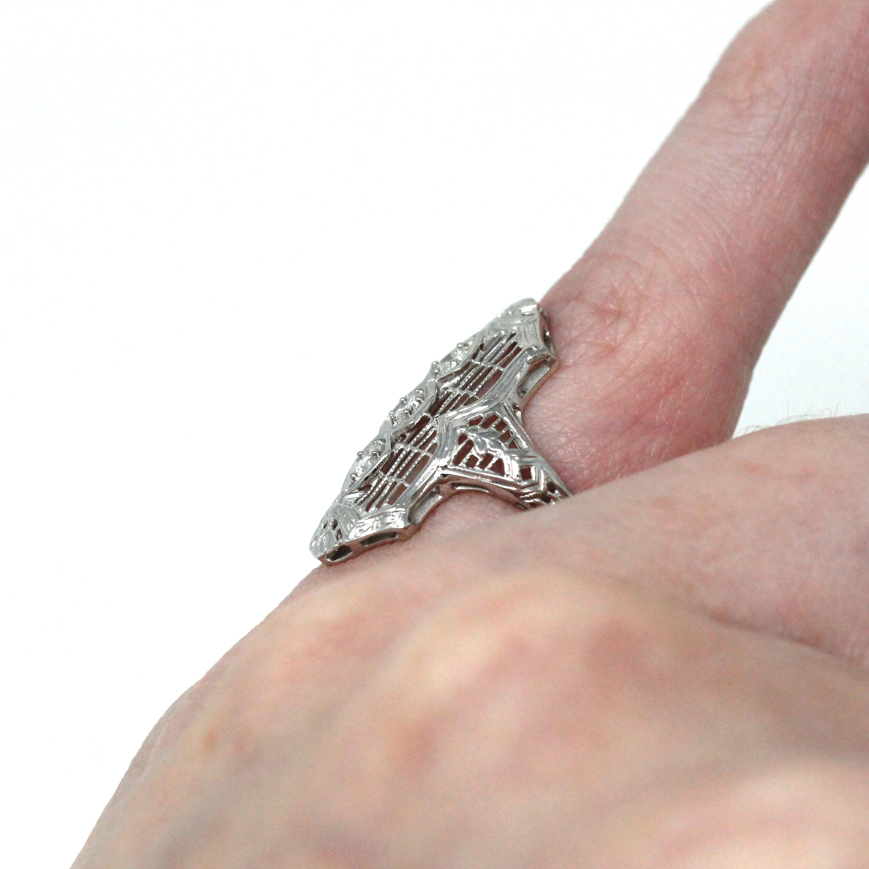 Antique Shield Ring - Art Deco 18k White Gold Genuine Round Brilliant Old European Cut Diamonds - Circa 20s Era Size 3 Fine Filigree Jewelry