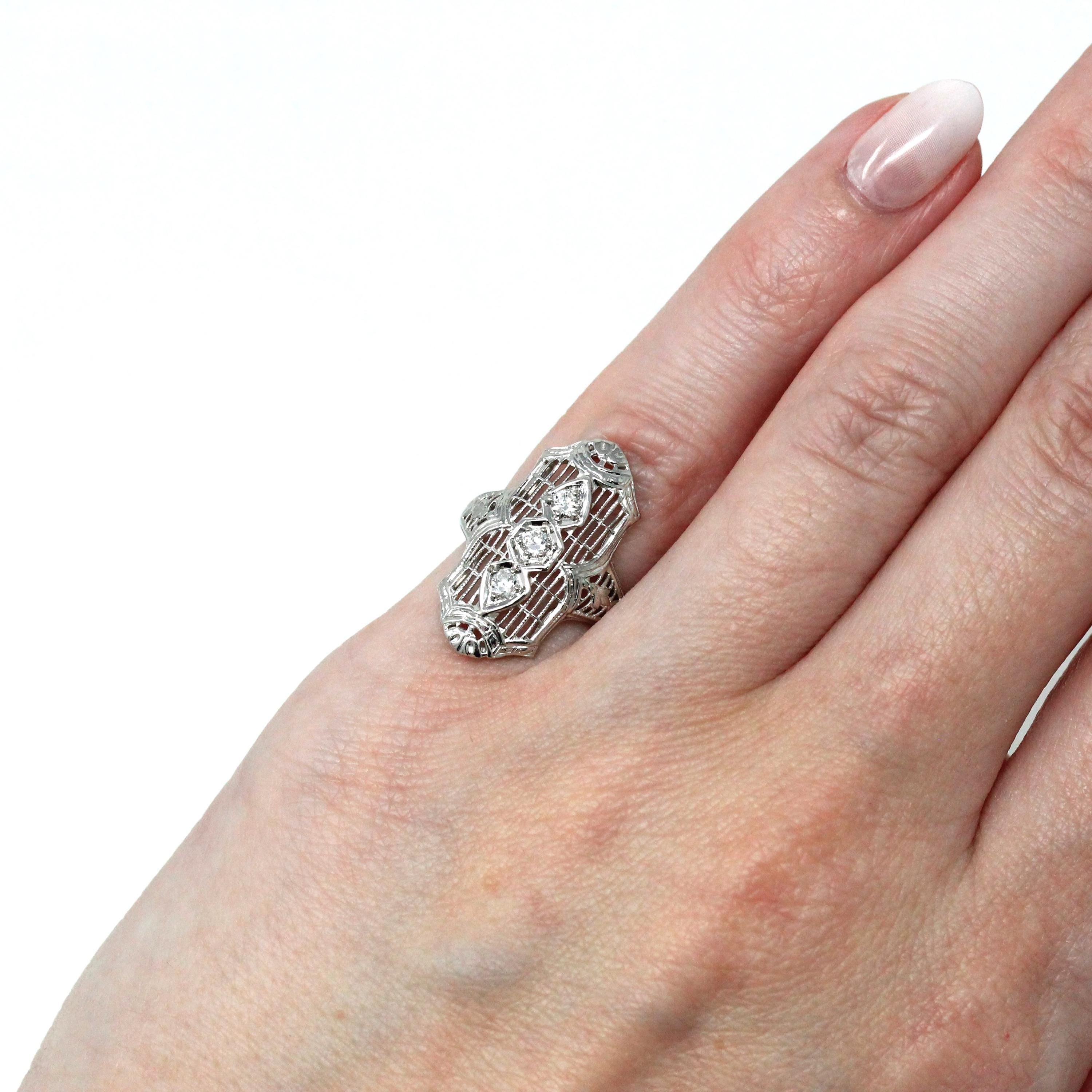 Antique Shield Ring - Art Deco 18k White Gold Genuine Round Brilliant Old European Cut Diamonds - Circa 20s Era Size 3 Fine Filigree Jewelry