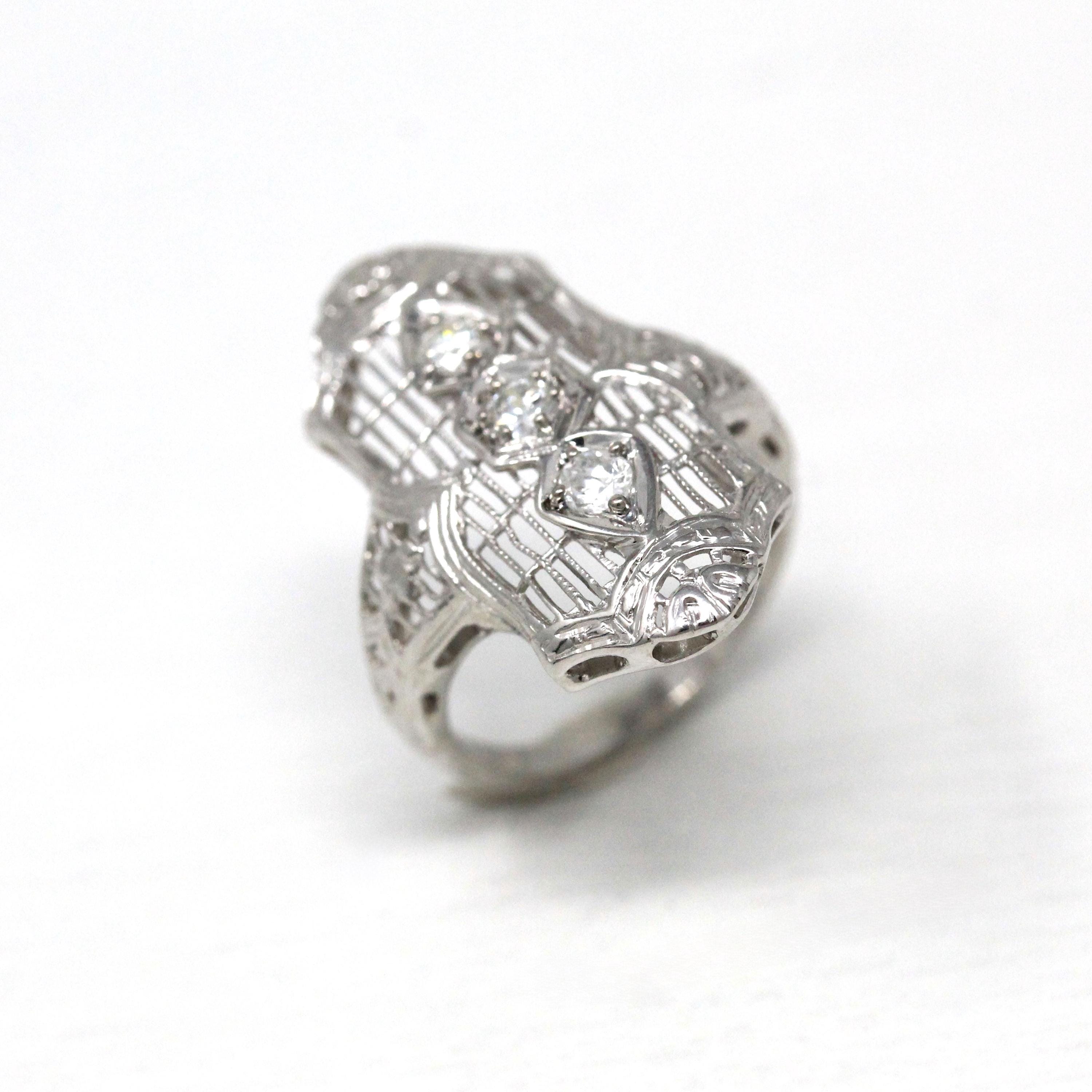 Antique Shield Ring - Art Deco 18k White Gold Genuine Round Brilliant Old European Cut Diamonds - Circa 20s Era Size 3 Fine Filigree Jewelry