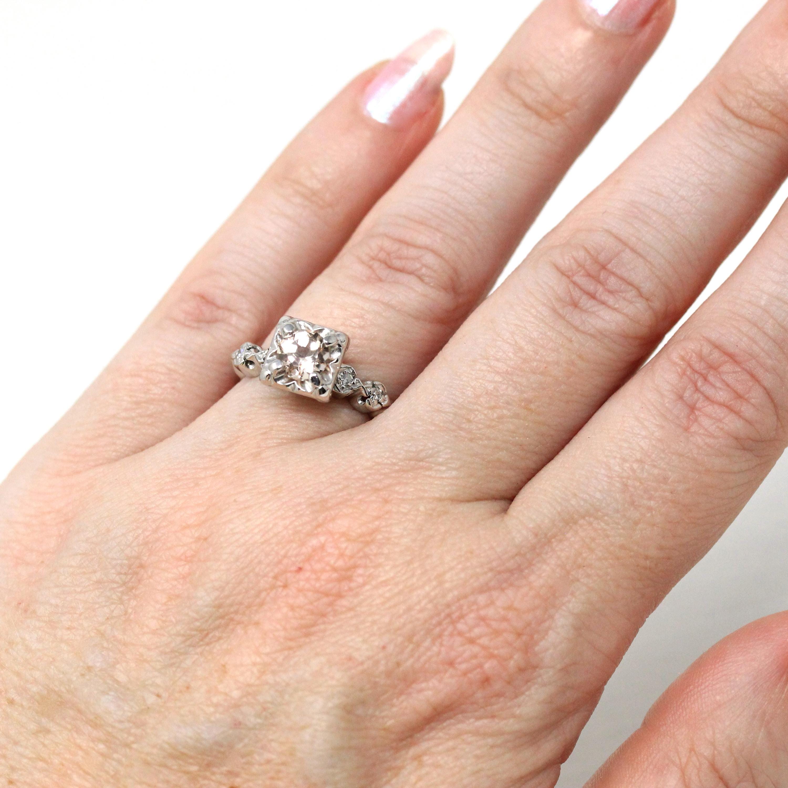 Morganite Engagement Ring - Dated 1956 14k White Gold .62 CT Round Gem Diamonds - Size 5.75 Mid Century Retro Fine Inscribed Bridal Jewelry