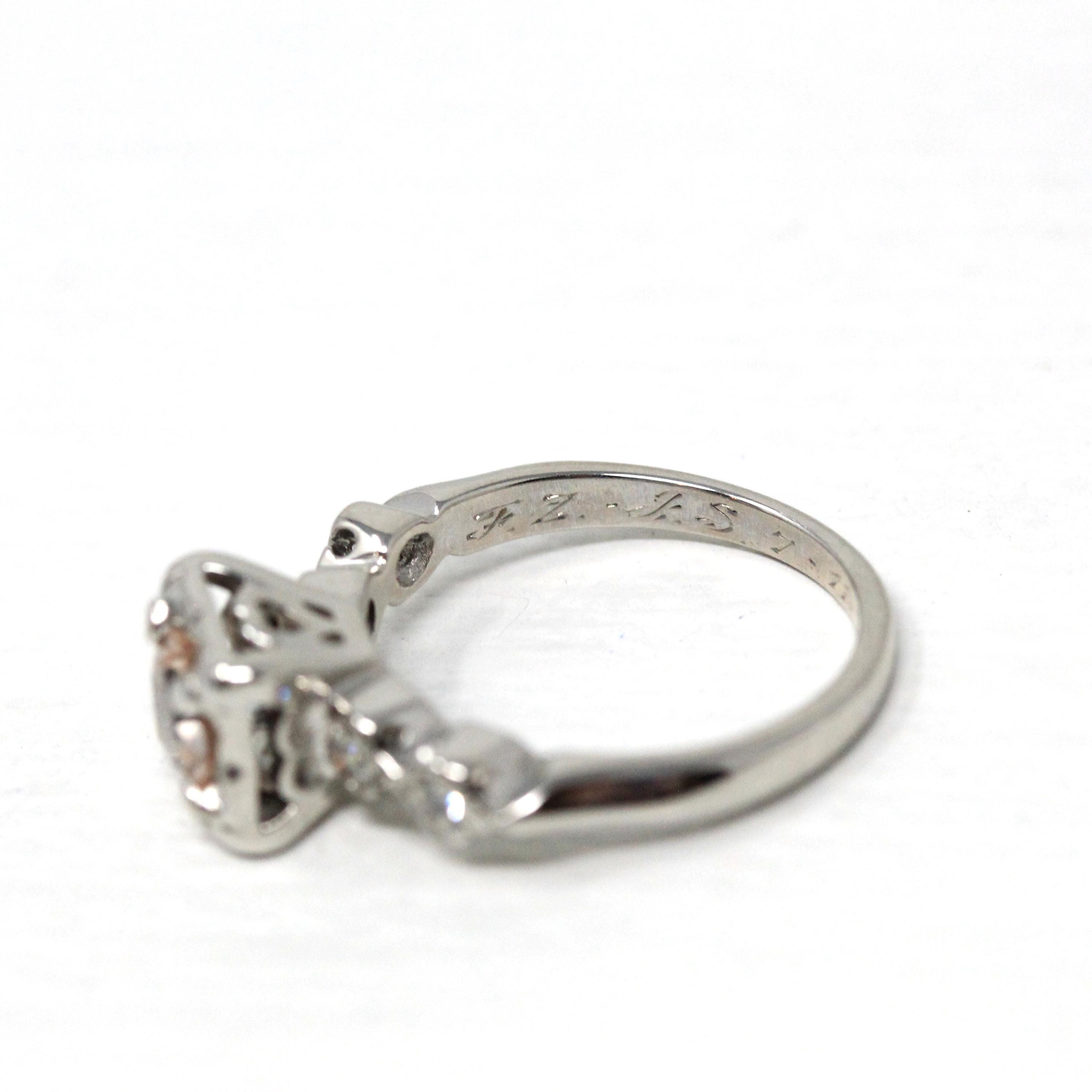 Morganite Engagement Ring - Dated 1956 14k White Gold .62 CT Round Gem Diamonds - Size 5.75 Mid Century Retro Fine Inscribed Bridal Jewelry