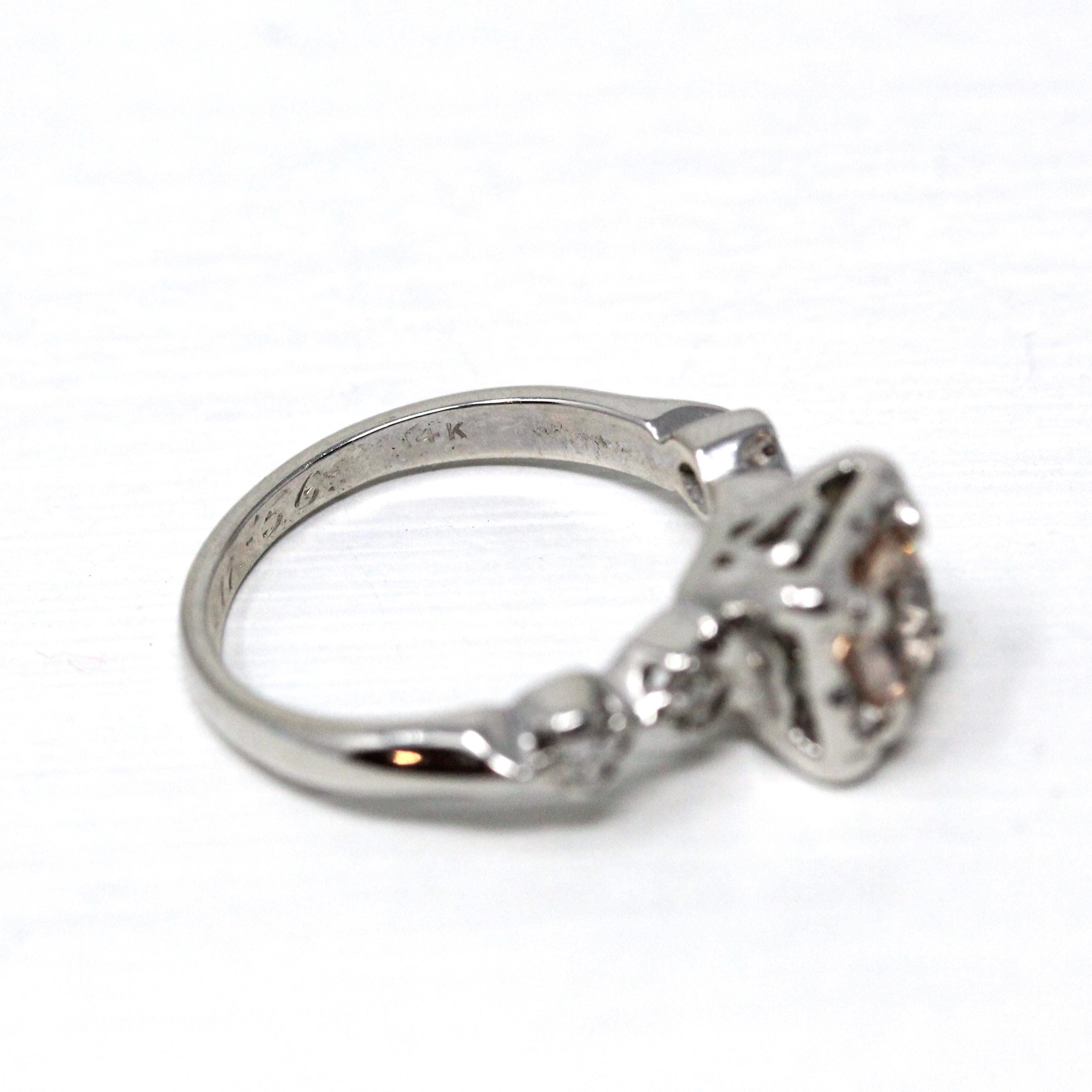 Morganite Engagement Ring - Dated 1956 14k White Gold .62 CT Round Gem Diamonds - Size 5.75 Mid Century Retro Fine Inscribed Bridal Jewelry