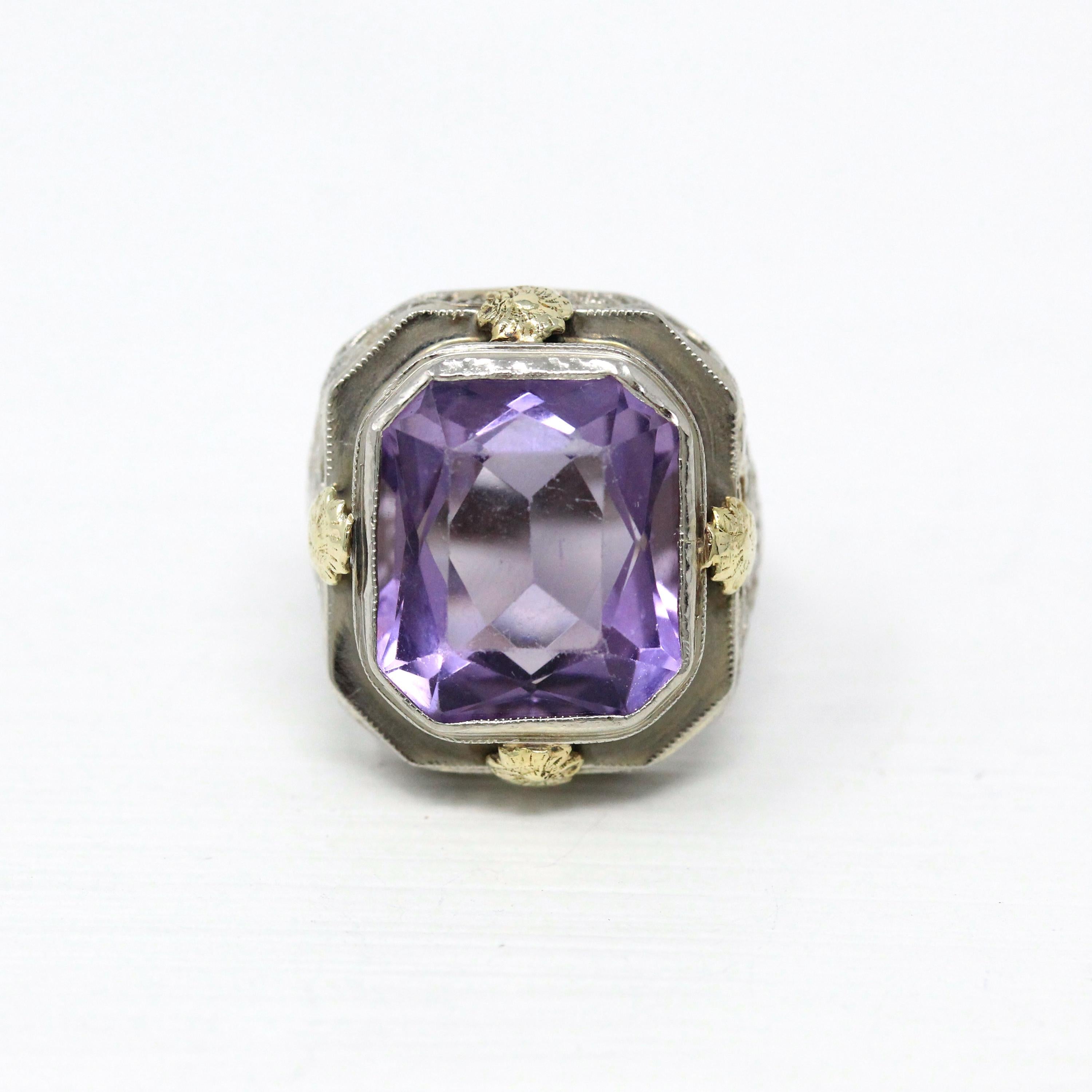 Vintage Amethyst Ring - Art Deco 14k White Gold Filigree Genuine Purple Gemstone - Circa 1930s Size 4 1/2 Floral Two Tone Fine 30s Jewelry