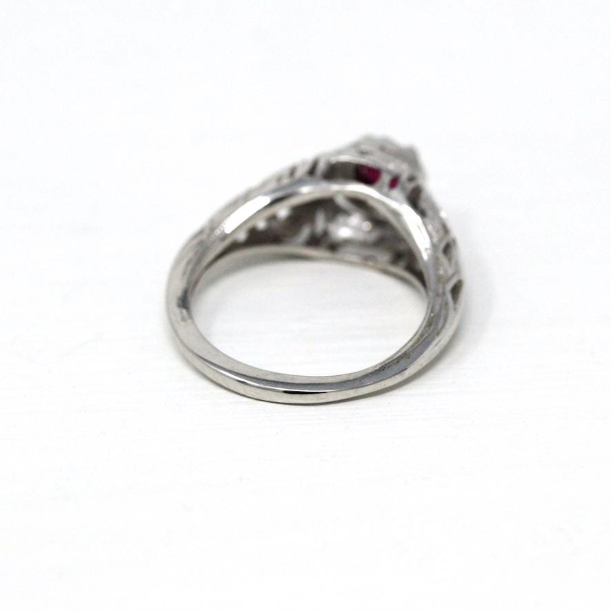 Vintage Ruby Ring - Art Deco Era 18k White Gold Genuine Pink Gemstone - Antique 1930s Size 4 Polished Bow Filigree Fine Engagement Jewelry