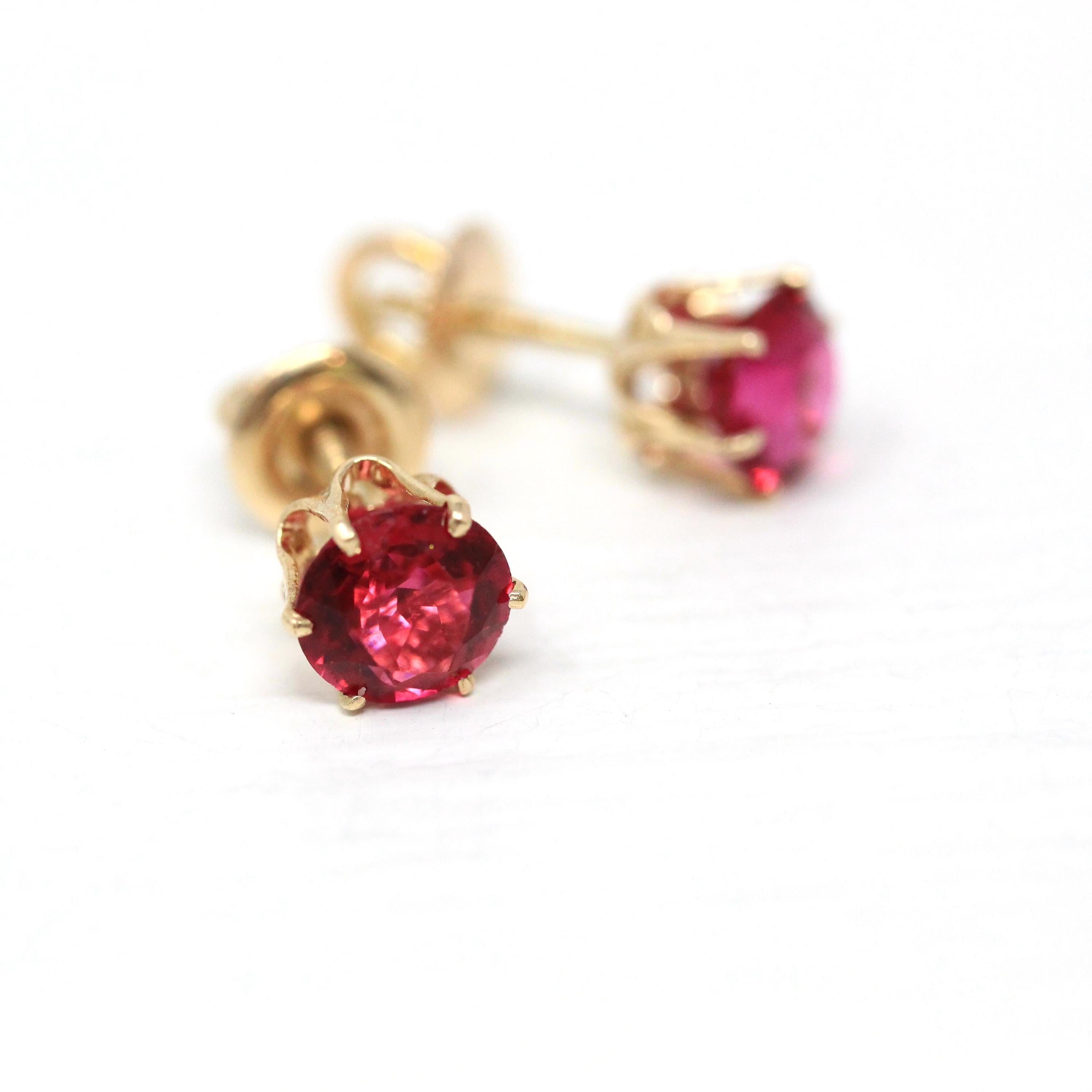 Pink Glass Earrings - Retro 10k Yellow Gold Threaded Push Backs Pair - Vintage Circa 1940s Era Round Faceted Pink Red Stones Fine Jewelry