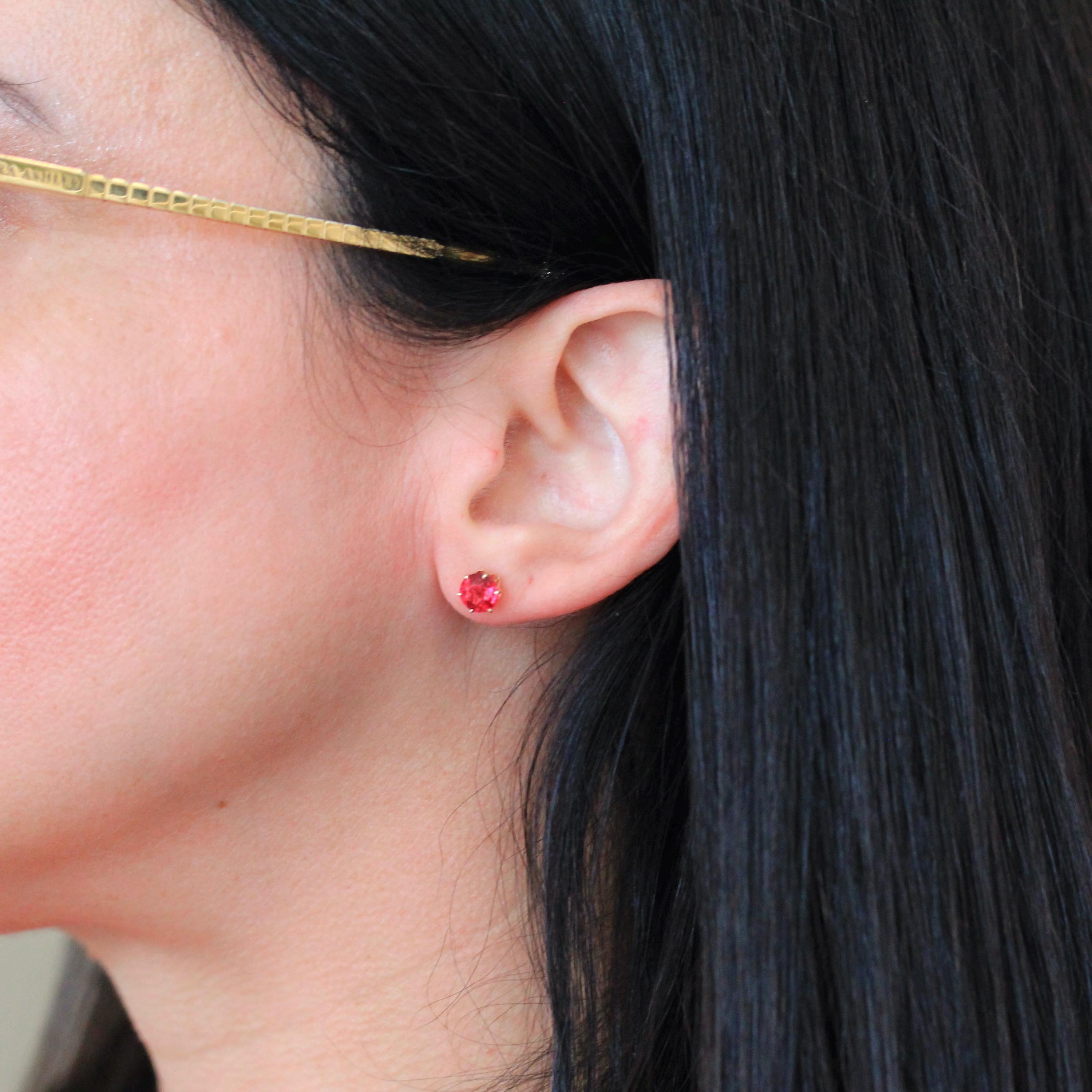 Pink Glass Earrings - Retro 10k Yellow Gold Threaded Push Backs Pair - Vintage Circa 1940s Era Round Faceted Pink Red Stones Fine Jewelry