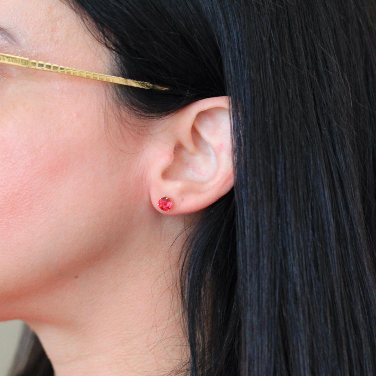 Pink Glass Earrings - Retro 10k Yellow Gold Threaded Push Backs Pair - Vintage Circa 1940s Era Round Faceted Pink Red Stones Fine Jewelry