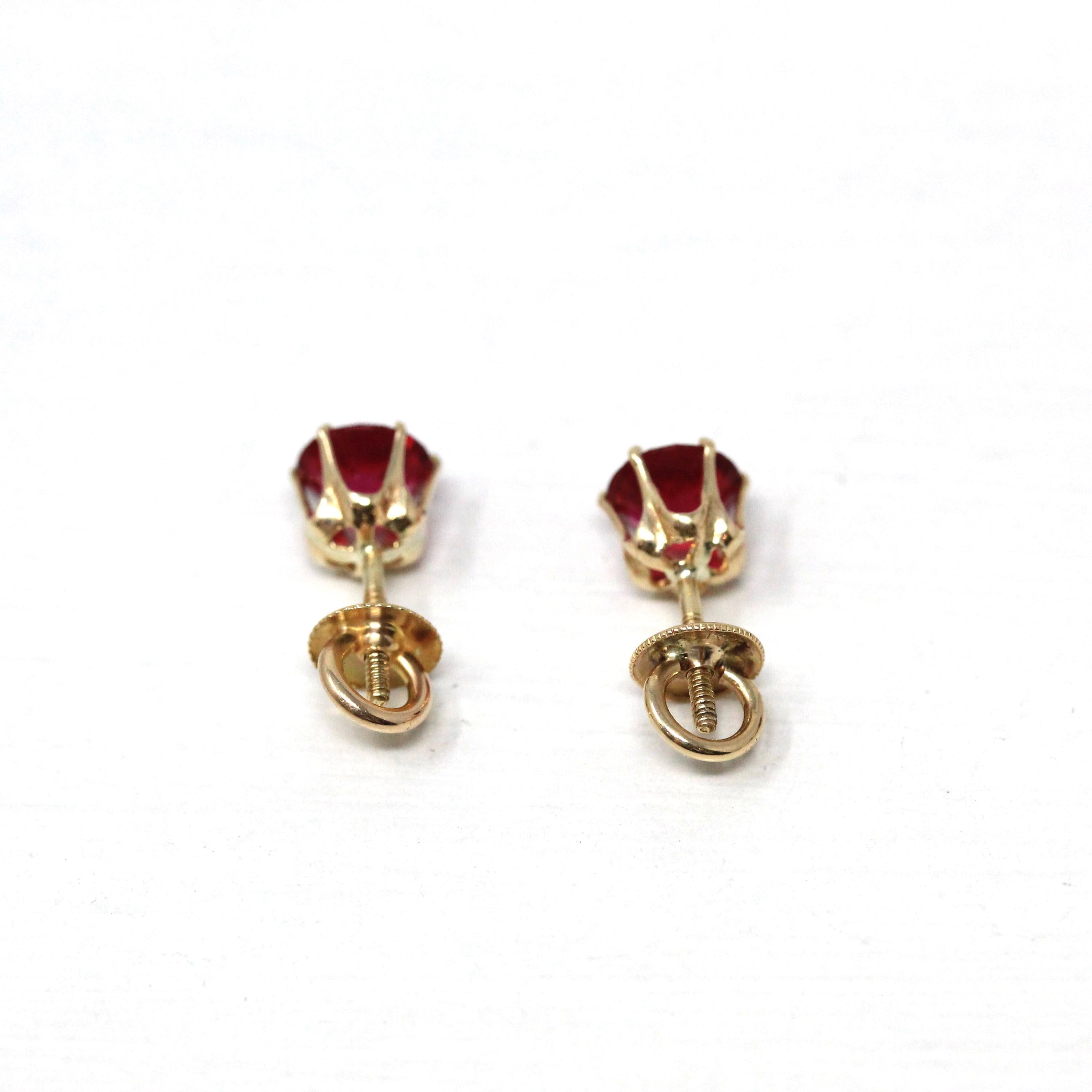 Pink Glass Earrings - Retro 10k Yellow Gold Threaded Push Backs Pair - Vintage Circa 1940s Era Round Faceted Pink Red Stones Fine Jewelry