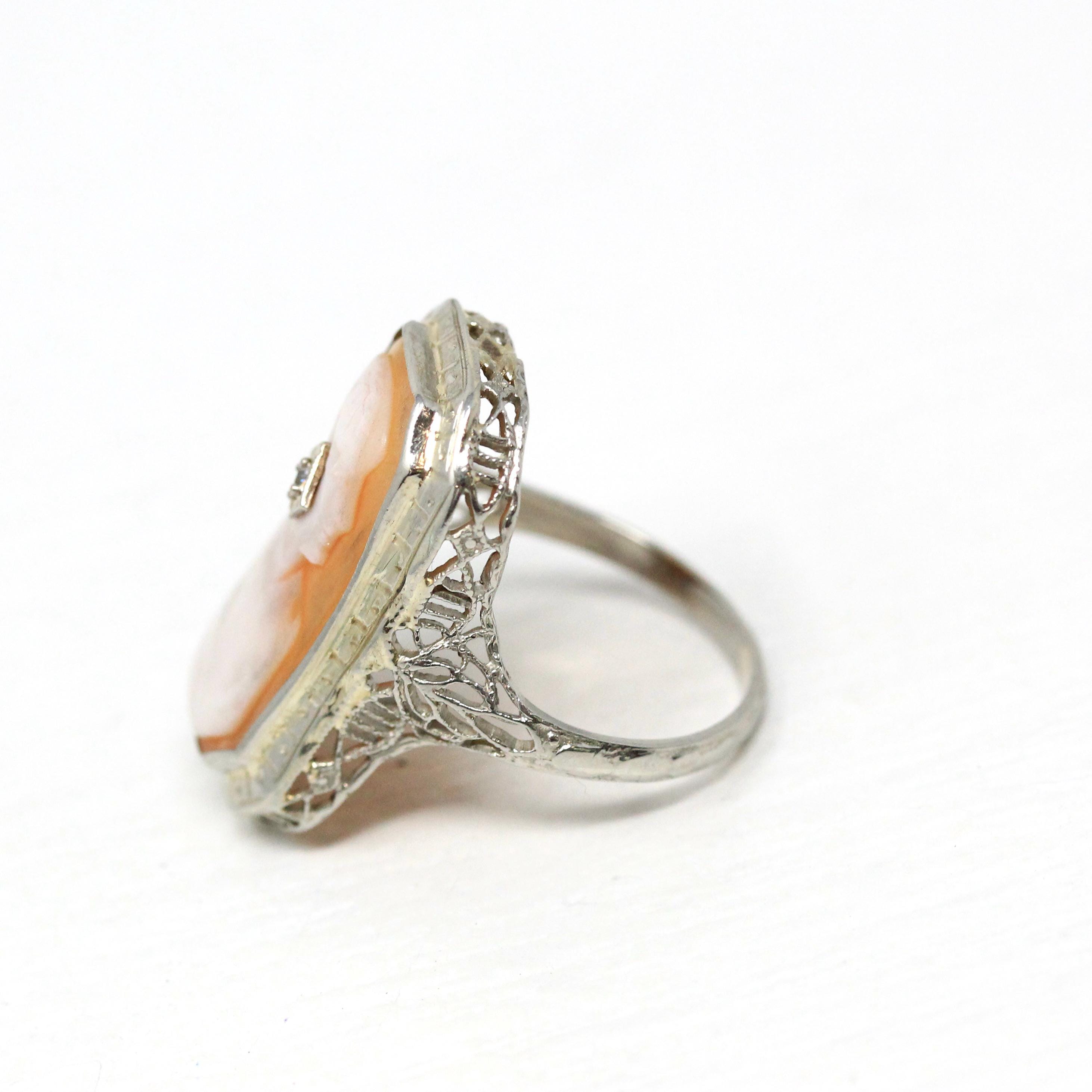 Vintage Cameo Habillé Ring - Art Deco 14k White Gold Genuine Diamond - Antique Circa 1920s Era Size 5 1/2 Filigree Carved Shell Fine Jewelry