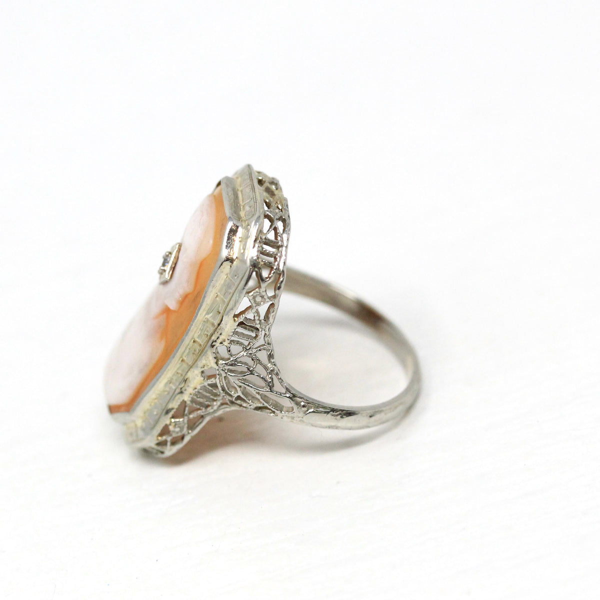 Vintage Cameo Habillé Ring - Art Deco 14k White Gold Genuine Diamond - Antique Circa 1920s Era Size 5 1/2 Filigree Carved Shell Fine Jewelry