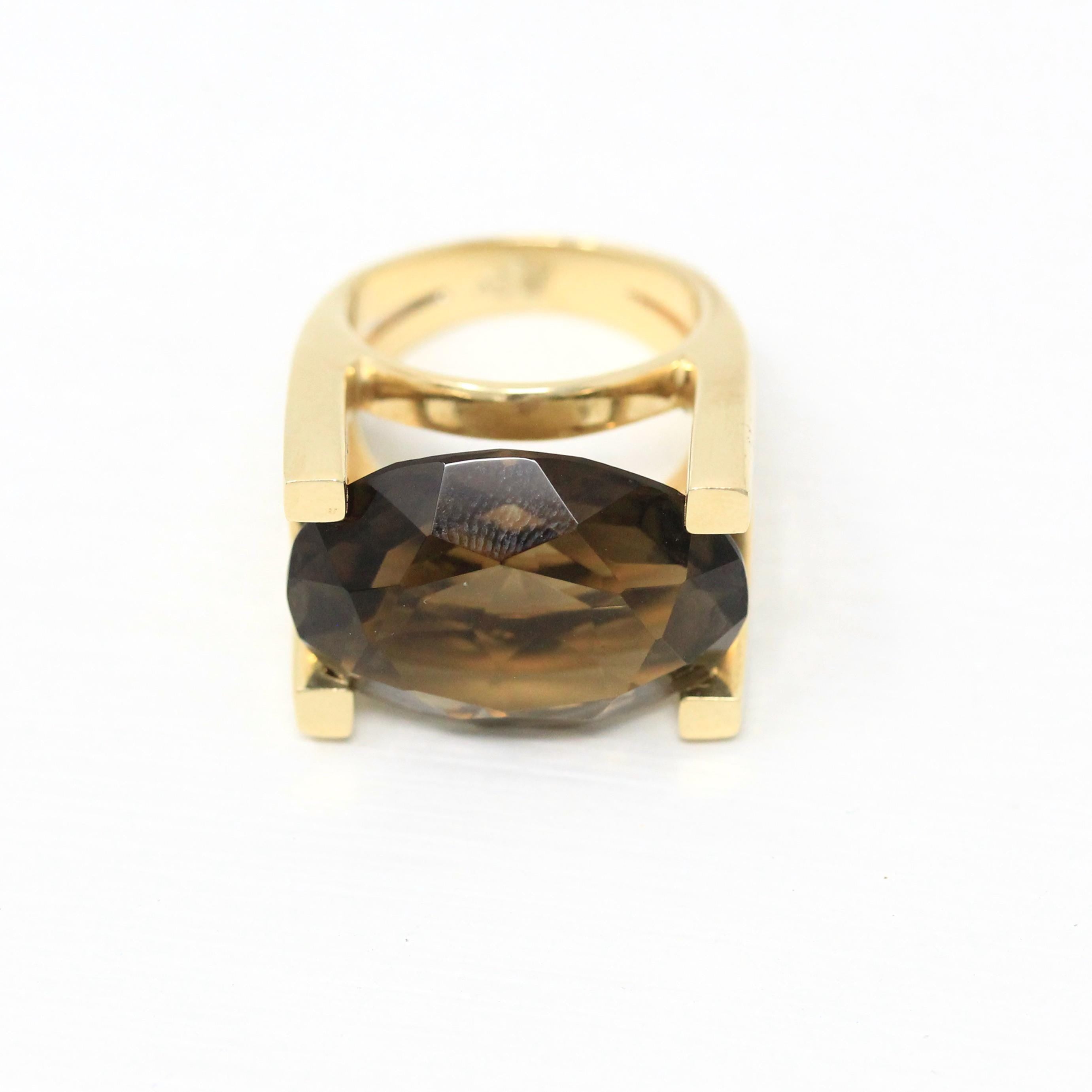 Smoky Quartz Ring - Retro 14k Yellow Gold Oval East West Genuine Brown Gemstone - Vintage Circa 1960s Size 5 Split Statement Fine Jewelry