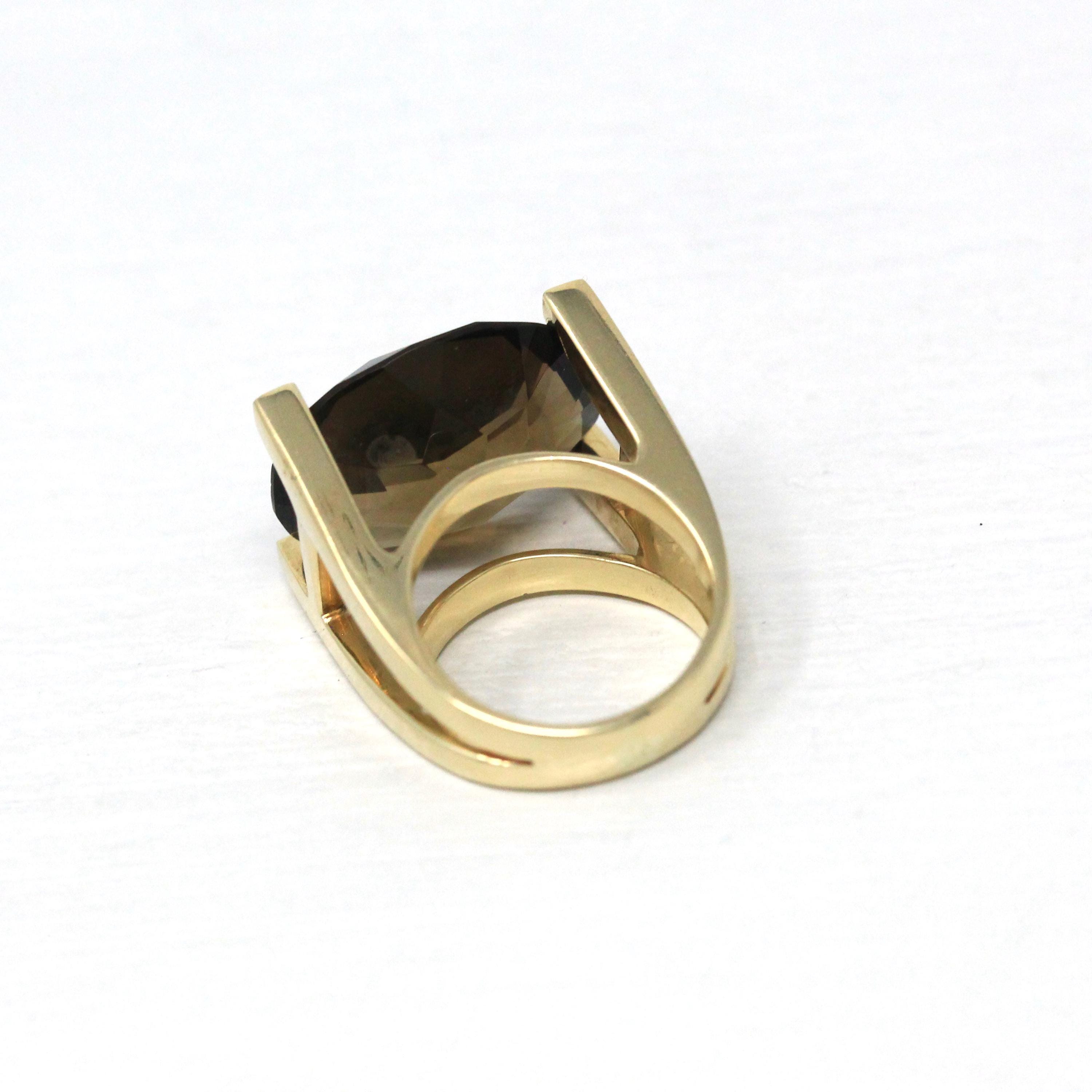 Smoky Quartz Ring - Retro 14k Yellow Gold Oval East West Genuine Brown Gemstone - Vintage Circa 1960s Size 5 Split Statement Fine Jewelry