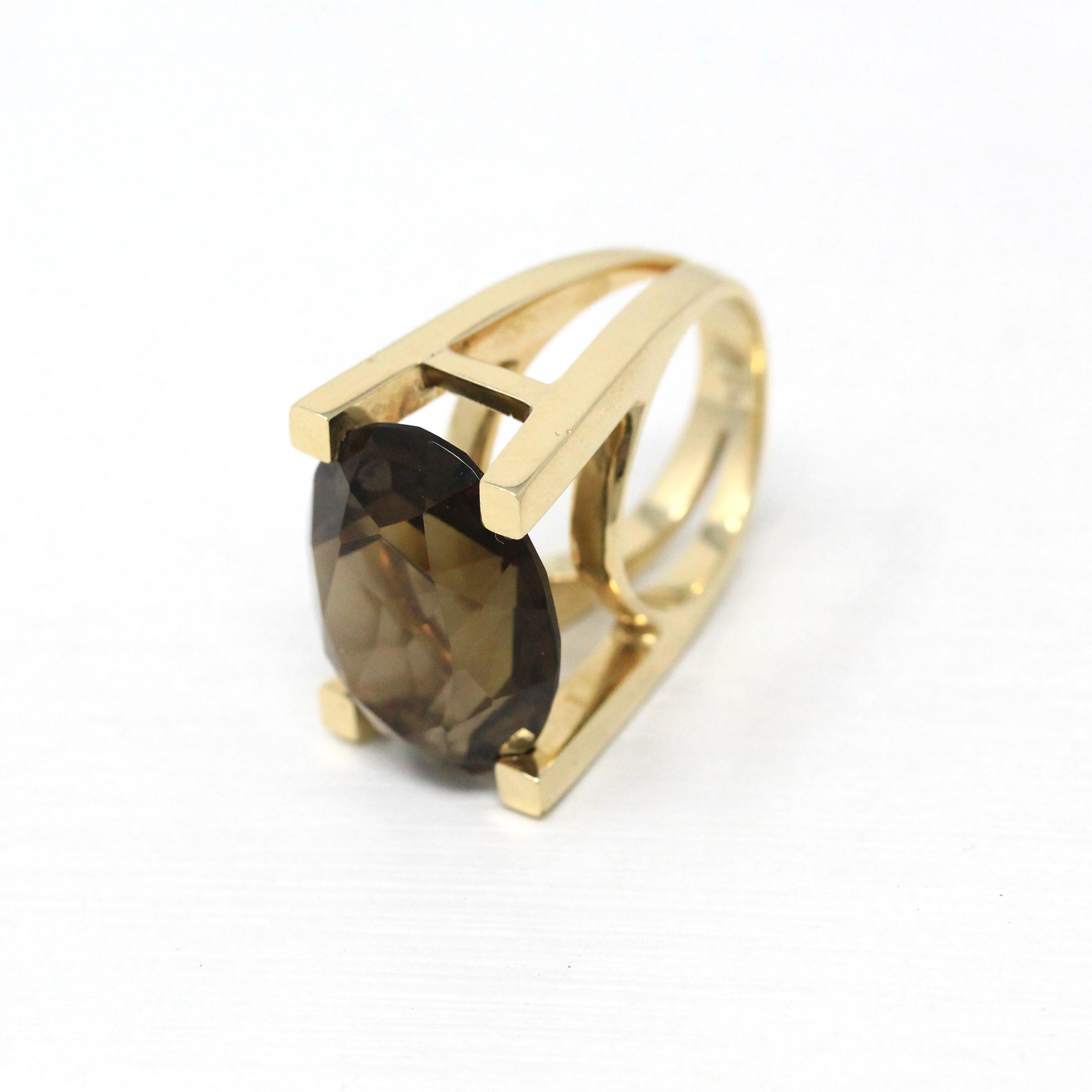 Smoky Quartz Ring - Retro 14k Yellow Gold Oval East West Genuine Brown Gemstone - Vintage Circa 1960s Size 5 Split Statement Fine Jewelry
