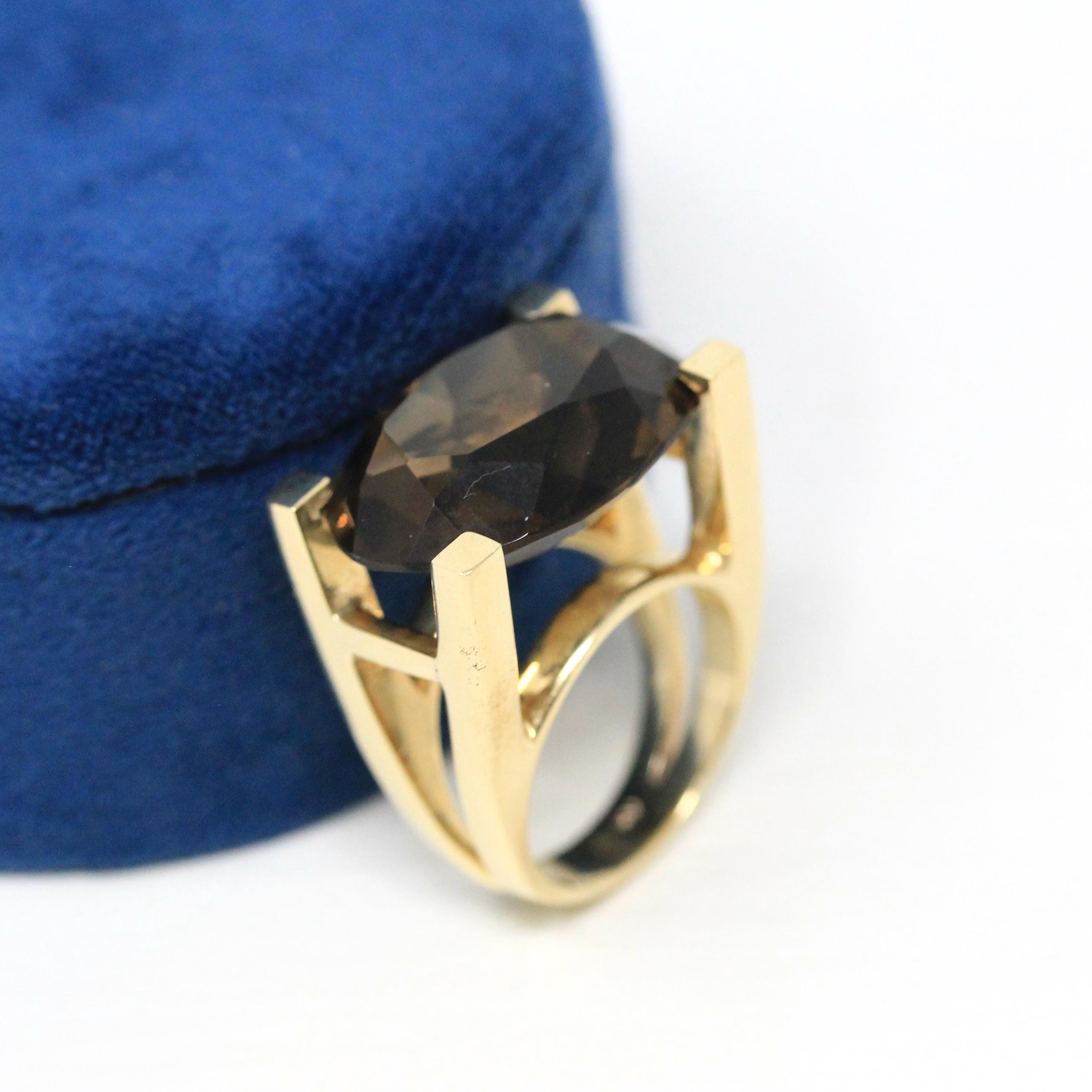 Smoky Quartz Ring - Retro 14k Yellow Gold Oval East West Genuine Brown Gemstone - Vintage Circa 1960s Size 5 Split Statement Fine Jewelry