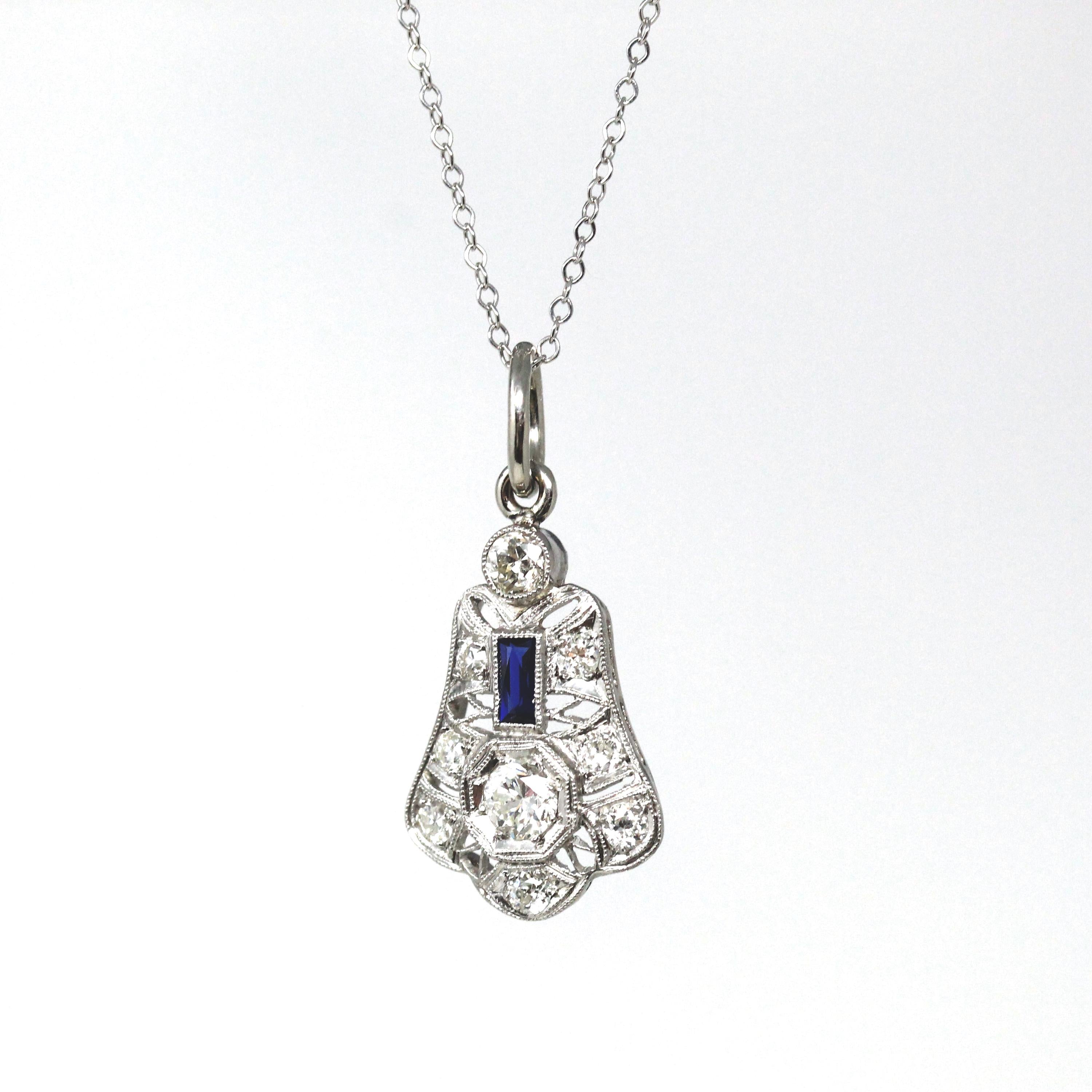 Art Deco Diamond Necklace - Antique 14k White Gold Genuine Gem Created Sapphire Pendant - Vintage 1920s Era Filigree Conversion Fine Jewelry