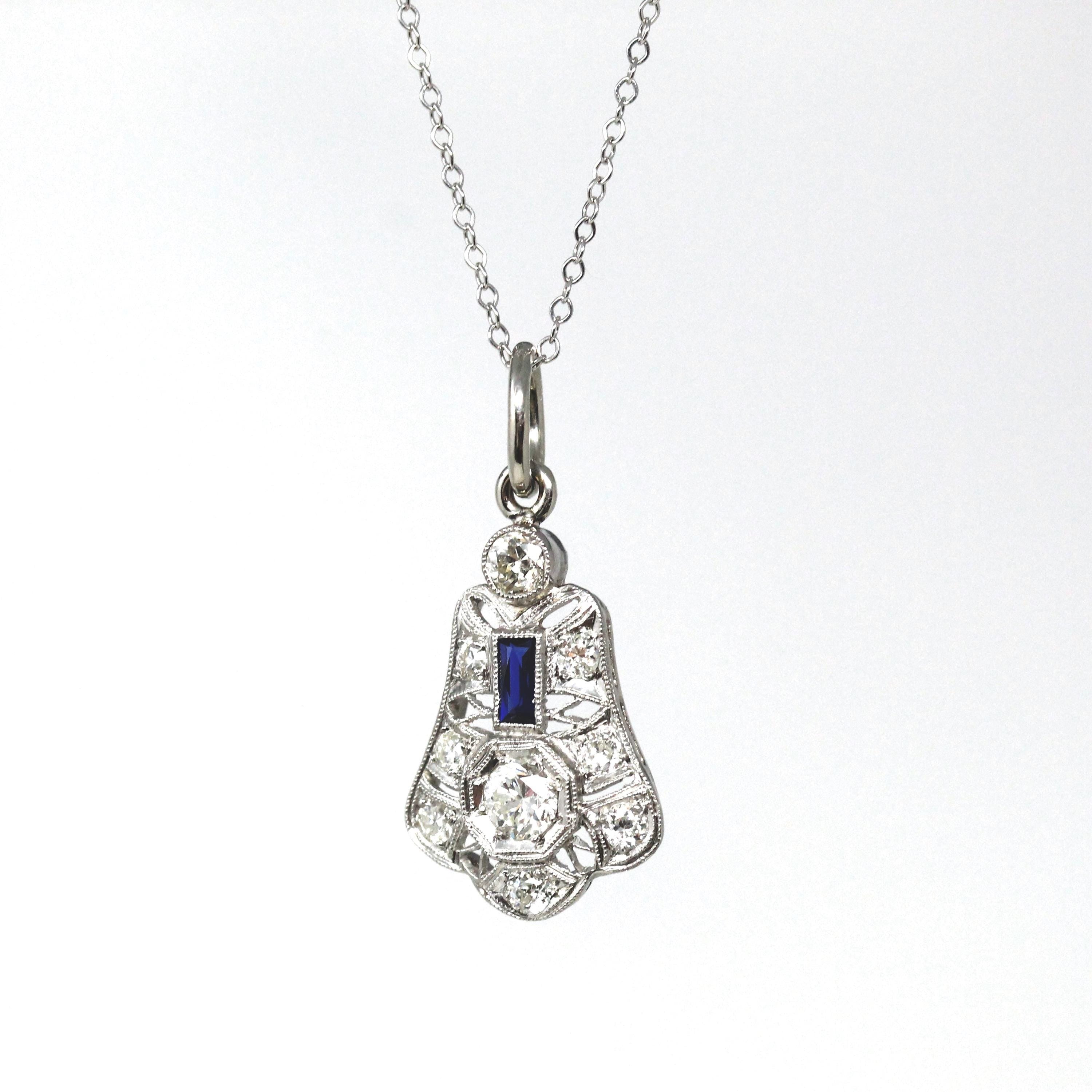 Art Deco Diamond Necklace - Antique 14k White Gold Genuine Gem Created Sapphire Pendant - Vintage 1920s Era Filigree Conversion Fine Jewelry