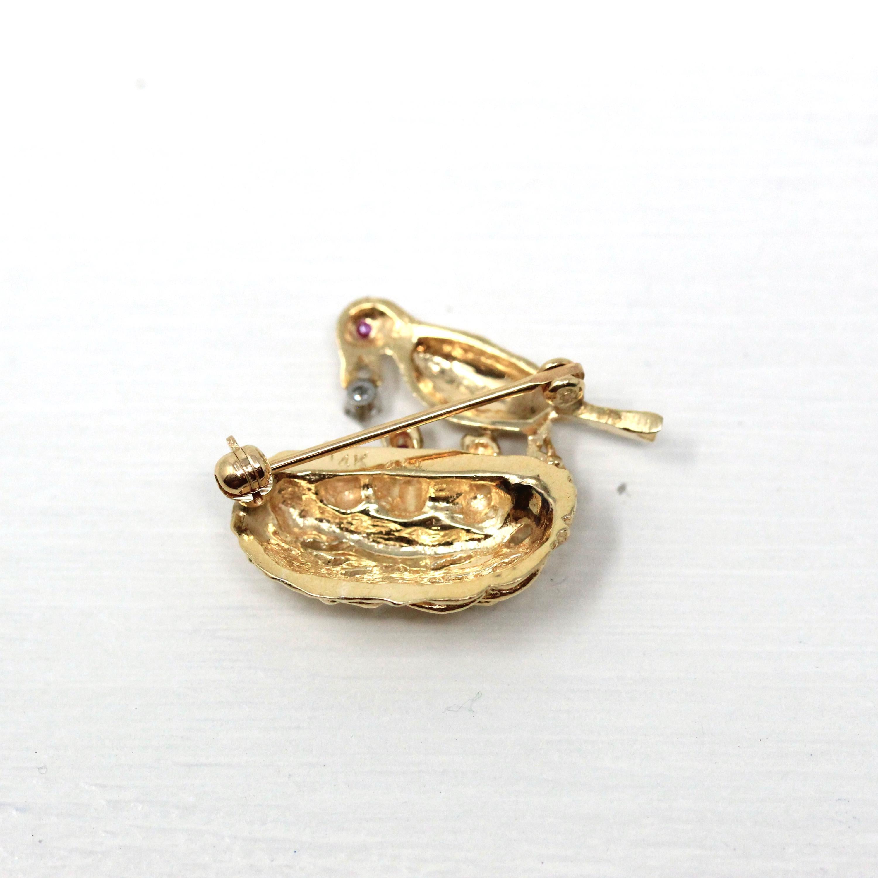 Vintage Bird Nest Brooch - Retro 14k Yellow Gold Genuine Diamond & Ruby Pin - Estate Statement Animal Mother Babies Feeding Fine Jewelry