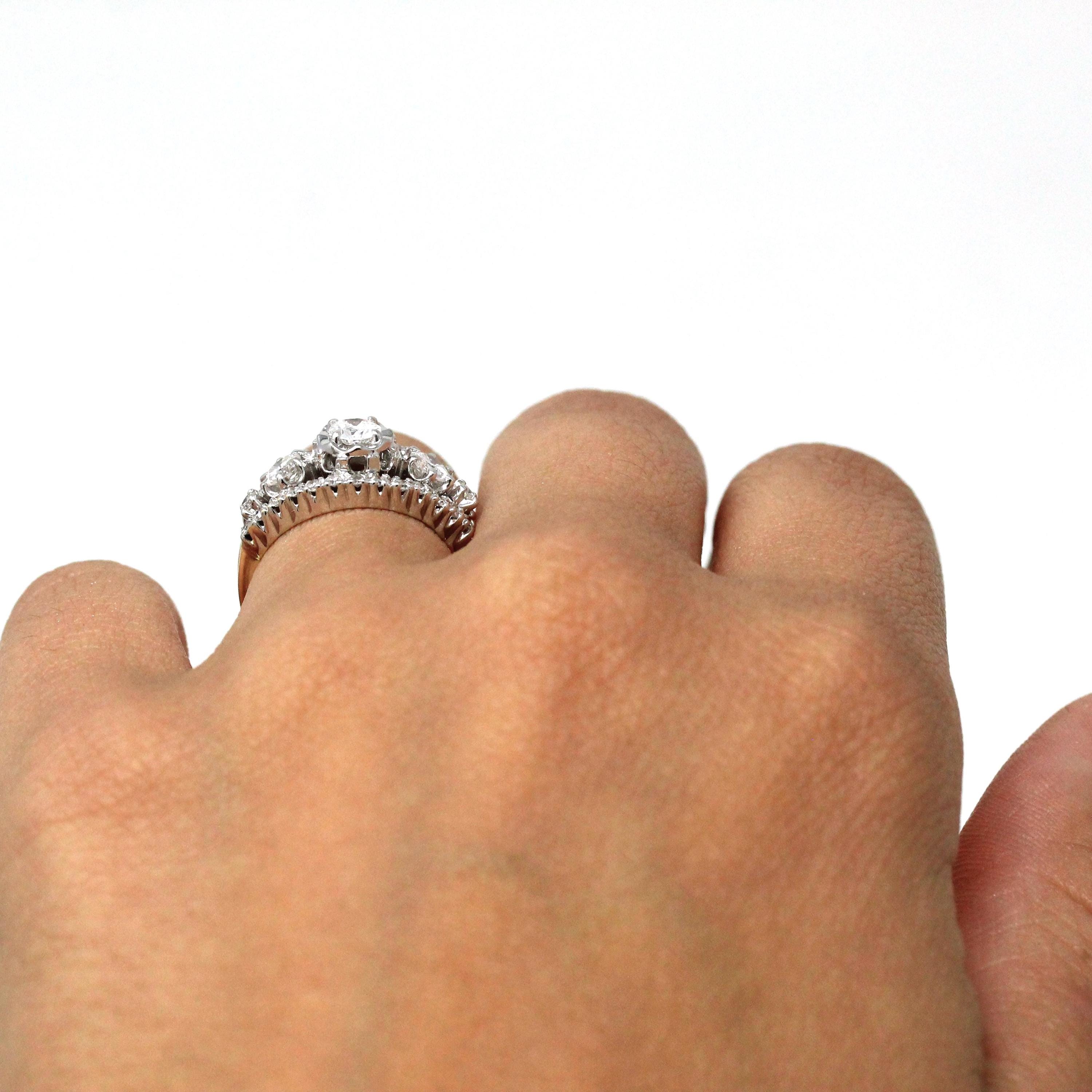 Graduated Diamond Ring - Modern Era Estate 14k Yellow & White Gold .89 CTW Genuine Round Diamond - Fine Size 5.25 Report Anniversary Jewelry