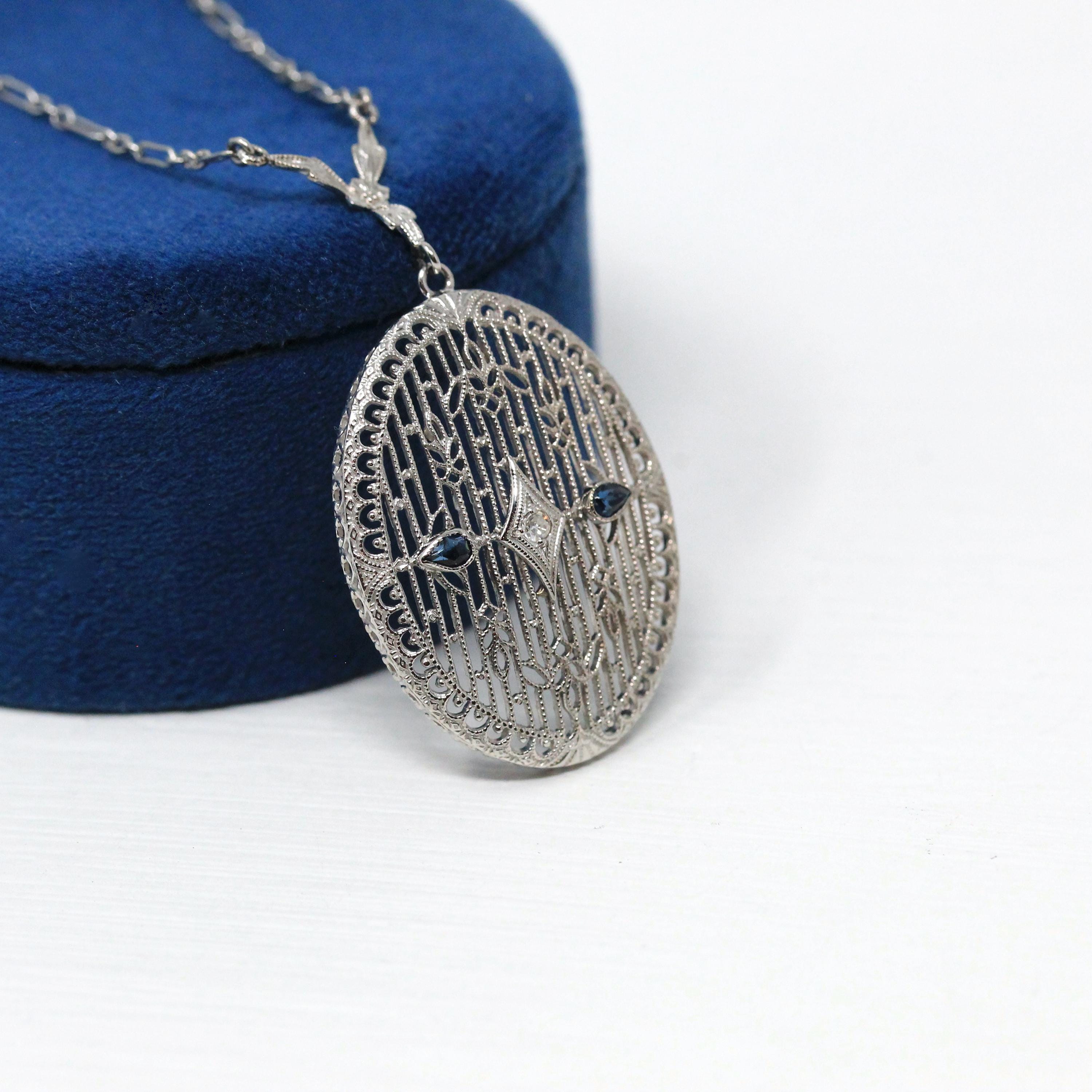 Art Deco Necklace - Antique 10k White Gold Genuine Diamond Filigree Simulated Sapphire Pendant - Vintage 1930s Era Floral Fine 30s Jewelry