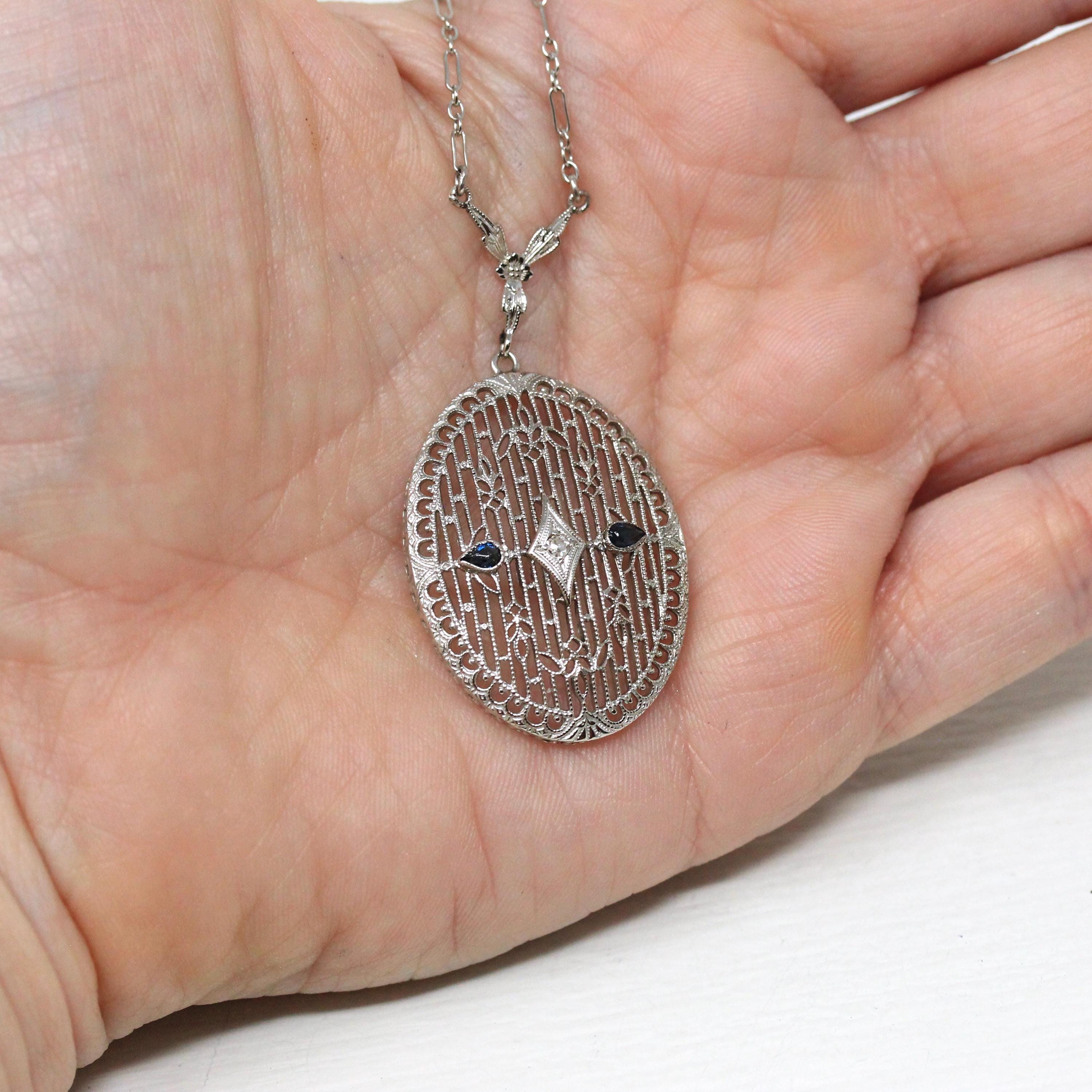 Art Deco Necklace - Antique 10k White Gold Genuine Diamond Filigree Simulated Sapphire Pendant - Vintage 1930s Era Floral Fine 30s Jewelry