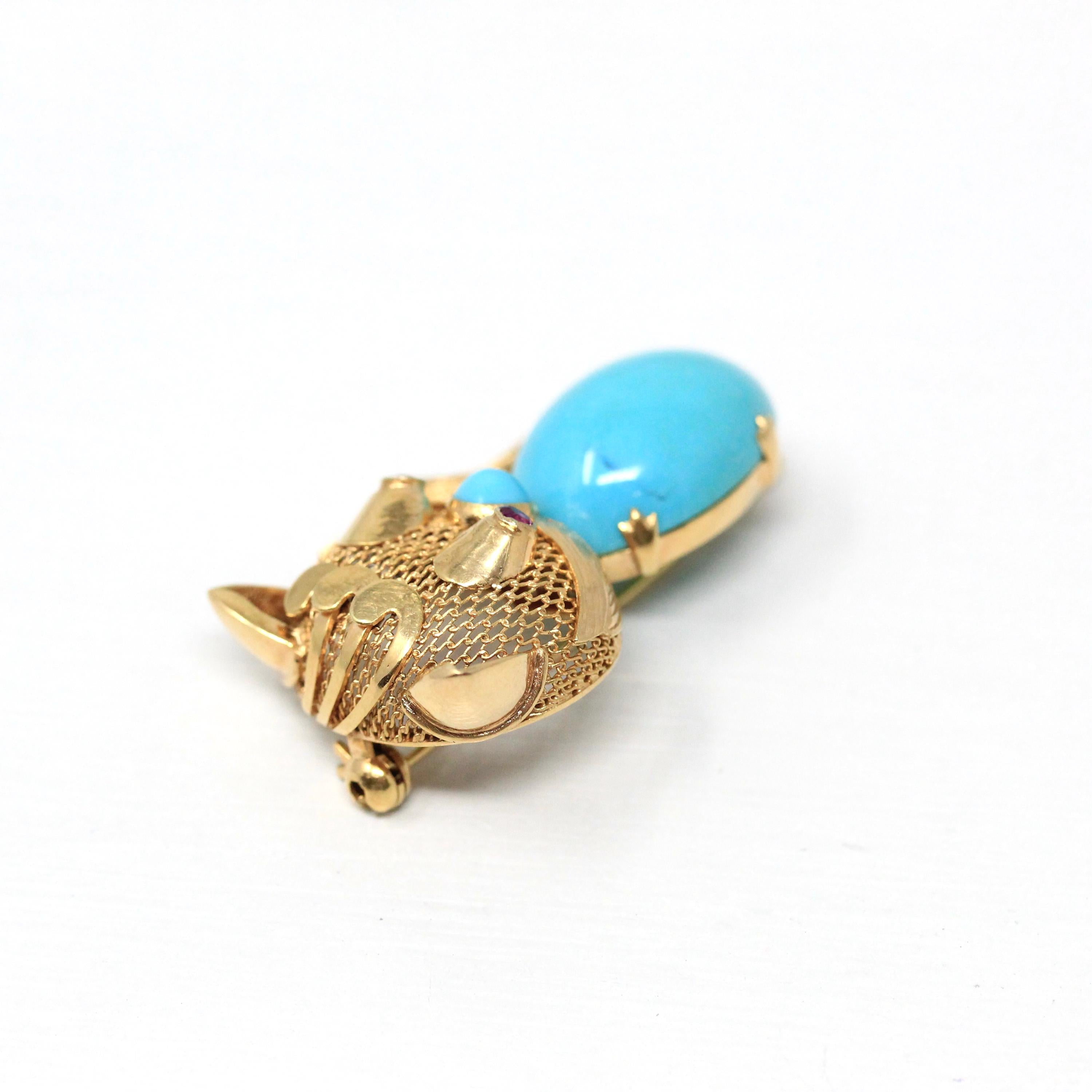 Vintage Cat Brooch - Retro 14k Yellow Gold Handmade Created Turquoise Pin - Circa 1960s Era Figural Gemstone Belly Feline Kitty Fine Jewelry