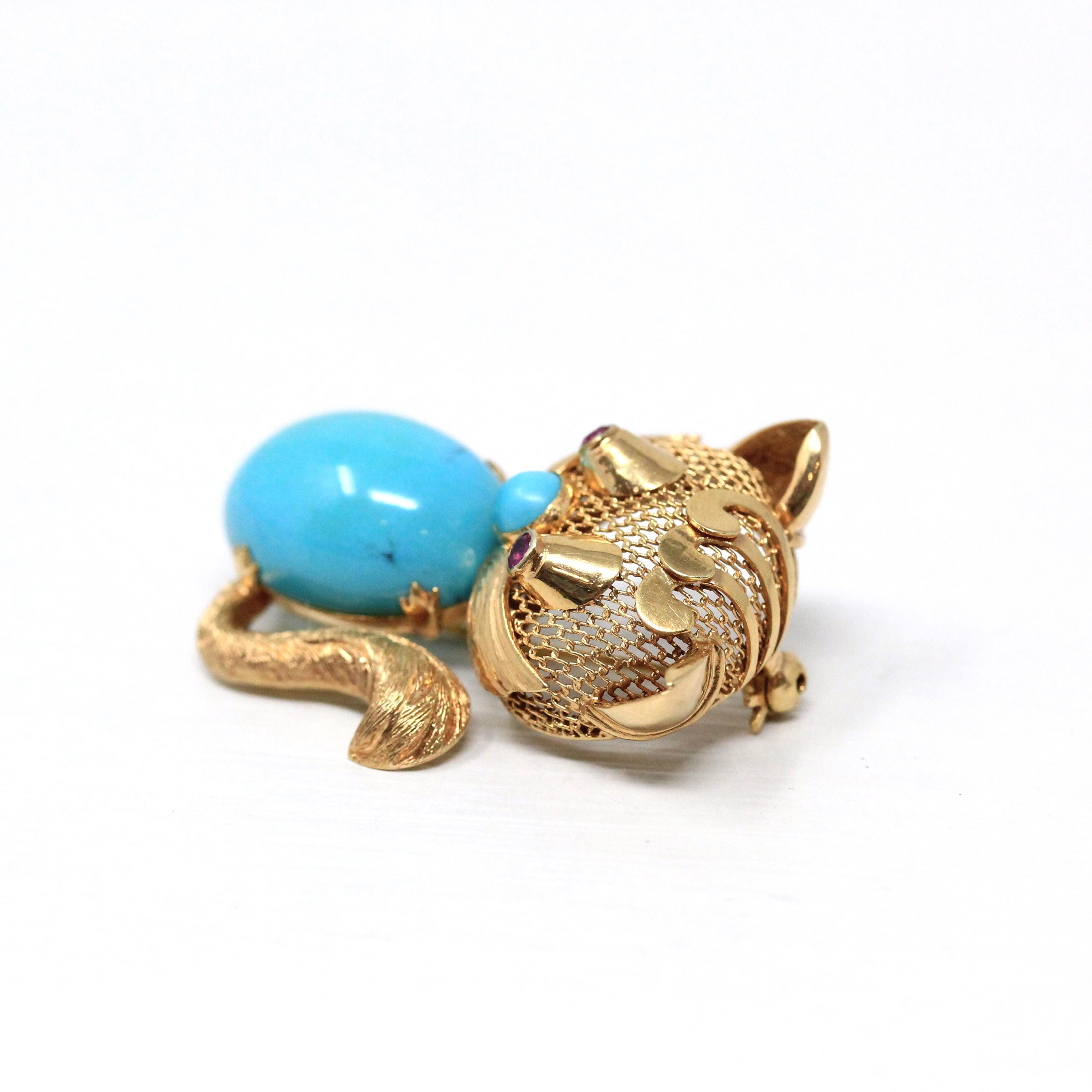 Vintage Cat Brooch - Retro 14k Yellow Gold Handmade Created Turquoise Pin - Circa 1960s Era Figural Gemstone Belly Feline Kitty Fine Jewelry