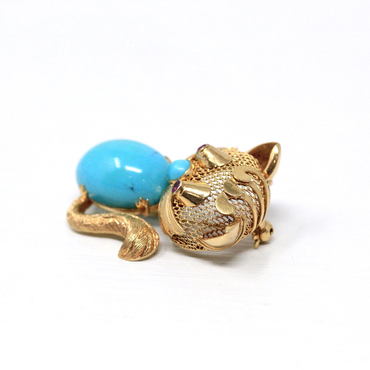 Vintage Cat Brooch - Retro 14k Yellow Gold Handmade Created Turquoise Pin - Circa 1960s Era Figural Gemstone Belly Feline Kitty Fine Jewelry