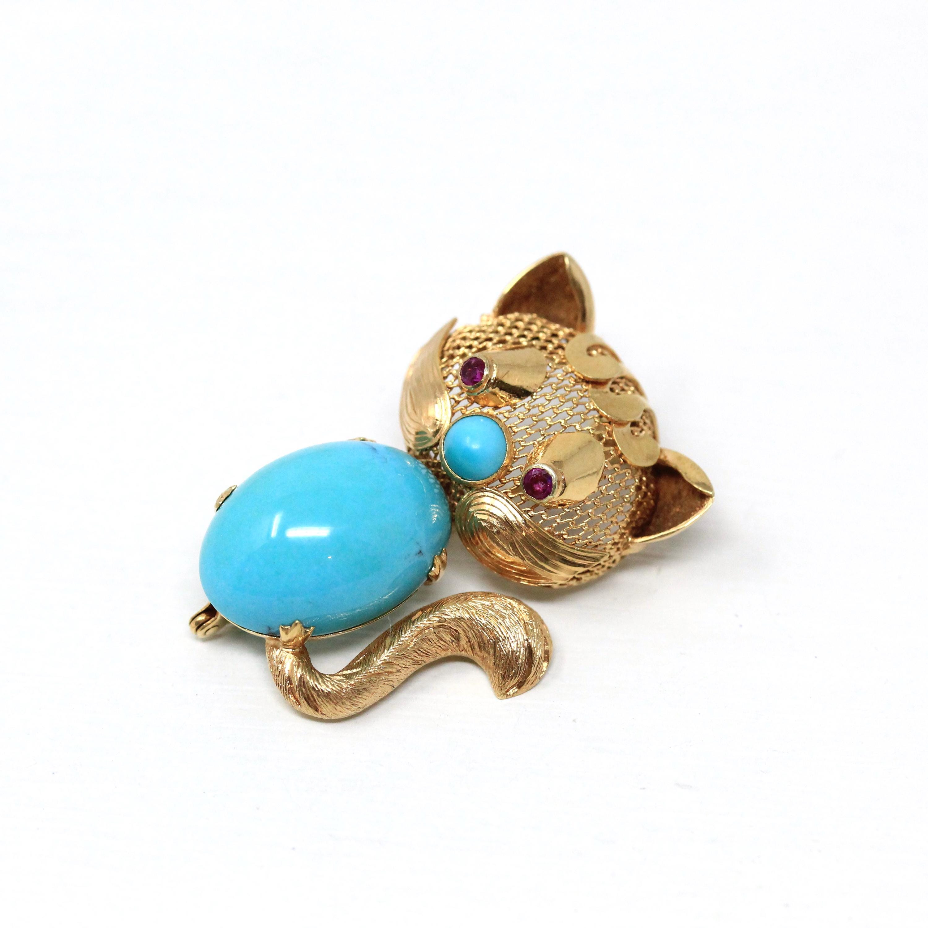 Vintage Cat Brooch - Retro 14k Yellow Gold Handmade Created Turquoise Pin - Circa 1960s Era Figural Gemstone Belly Feline Kitty Fine Jewelry