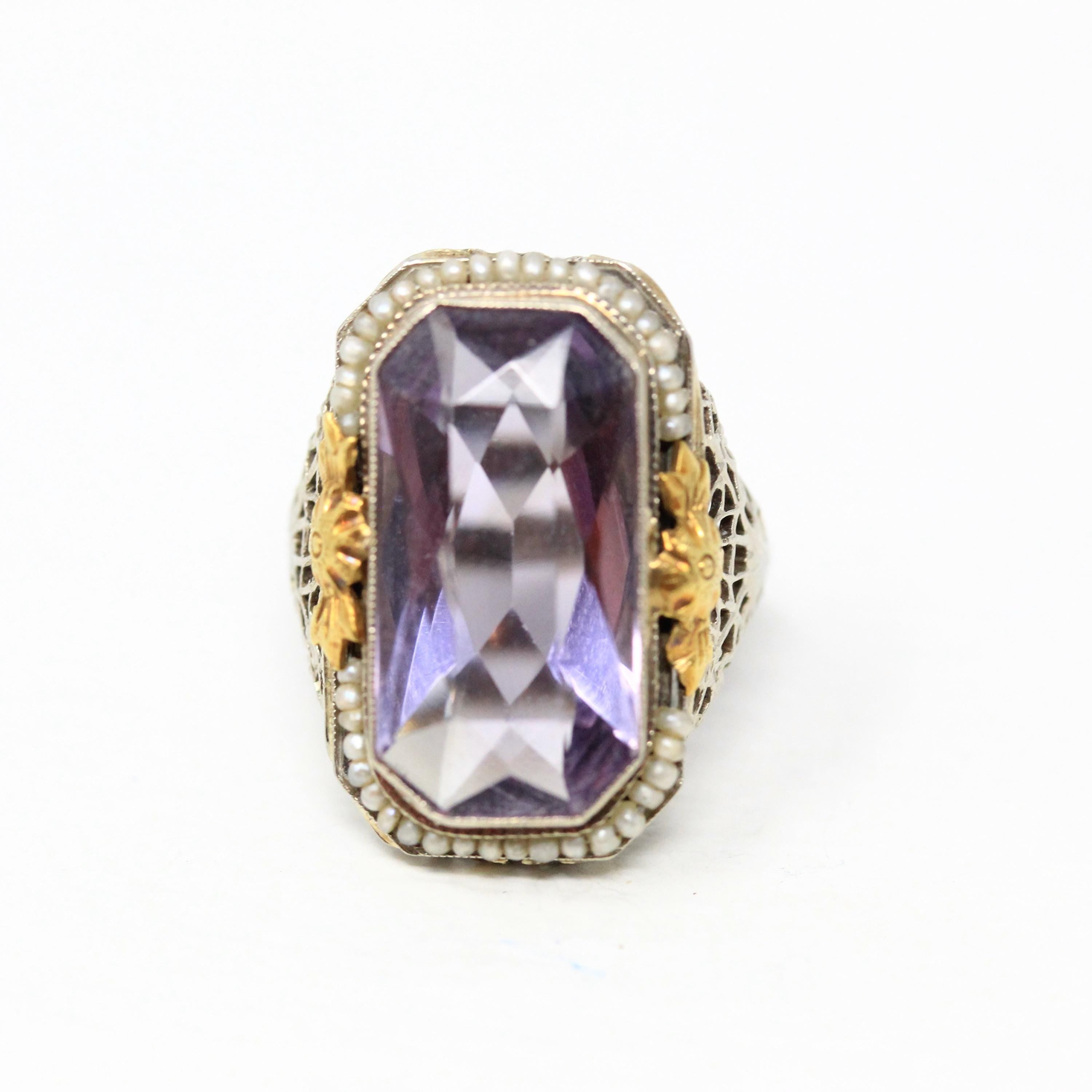 Genuine Amethyst Ring - Vintage Art Deco 14k White Gold Rectangular Purple Gem - Circa 1930s Size 2 1/2 Seed Pearl Halo Flower Fine Jewelry