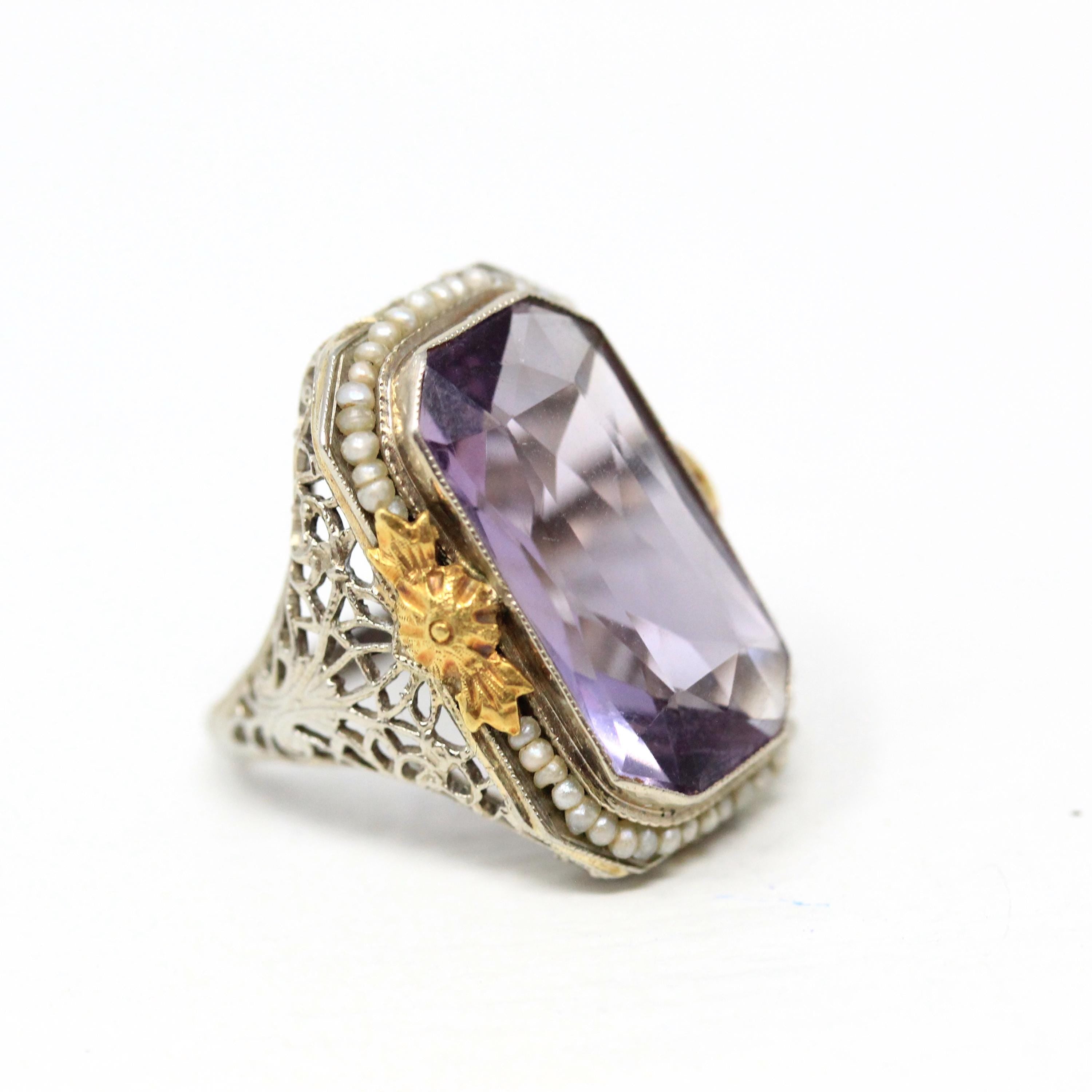 Genuine Amethyst Ring - Vintage Art Deco 14k White Gold Rectangular Purple Gem - Circa 1930s Size 2 1/2 Seed Pearl Halo Flower Fine Jewelry