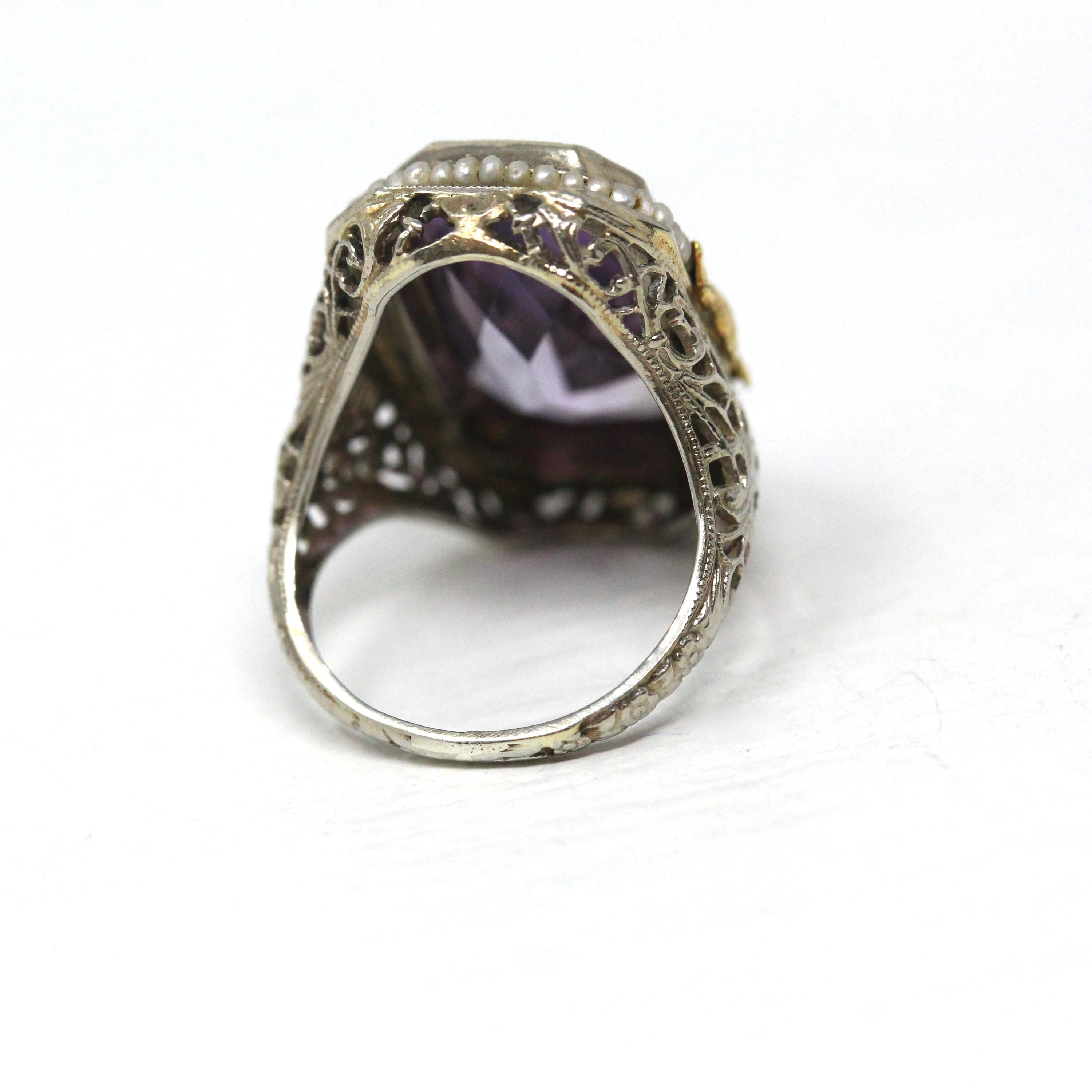 Genuine Amethyst Ring - Vintage Art Deco 14k White Gold Rectangular Purple Gem - Circa 1930s Size 2 1/2 Seed Pearl Halo Flower Fine Jewelry