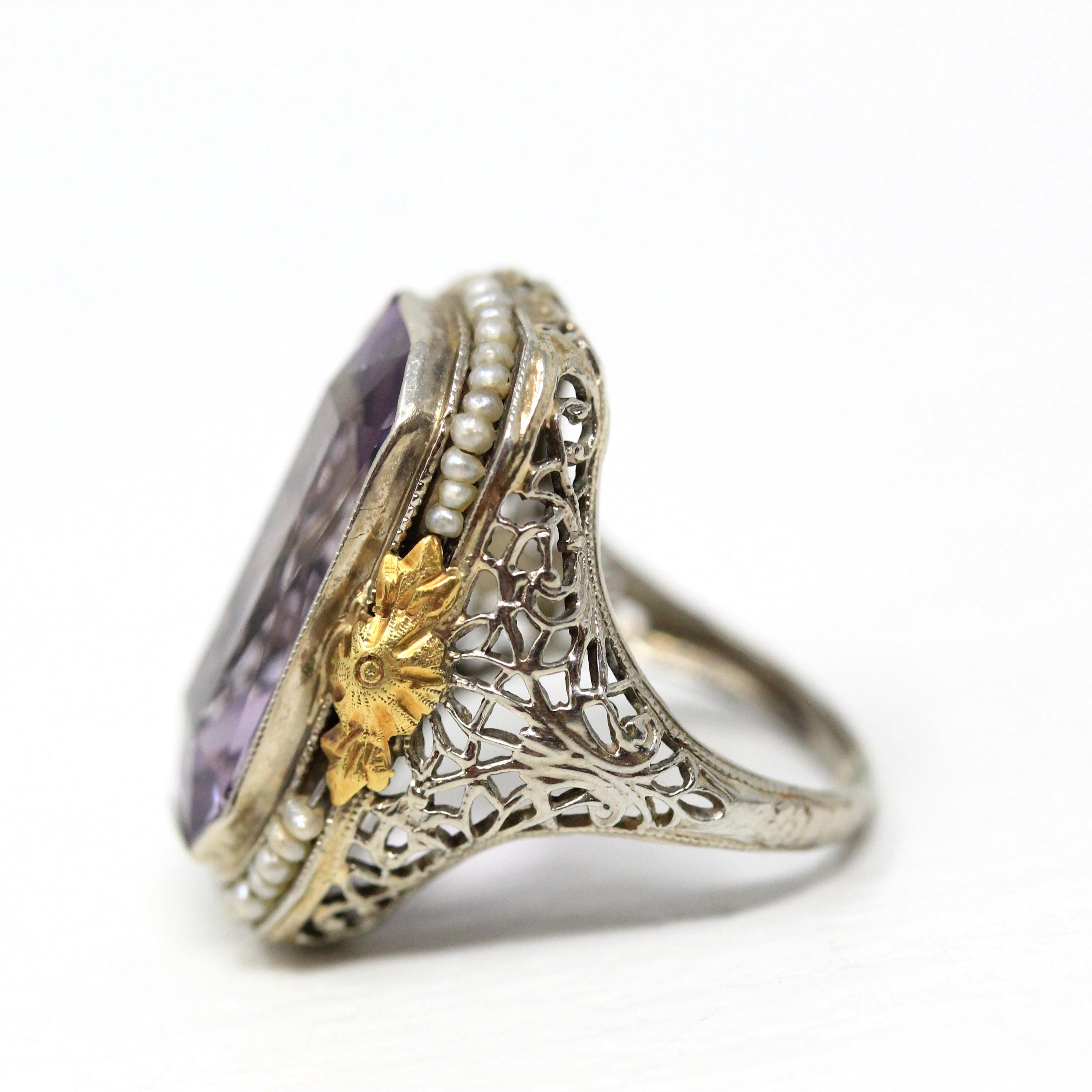 Genuine Amethyst Ring - Vintage Art Deco 14k White Gold Rectangular Purple Gem - Circa 1930s Size 2 1/2 Seed Pearl Halo Flower Fine Jewelry