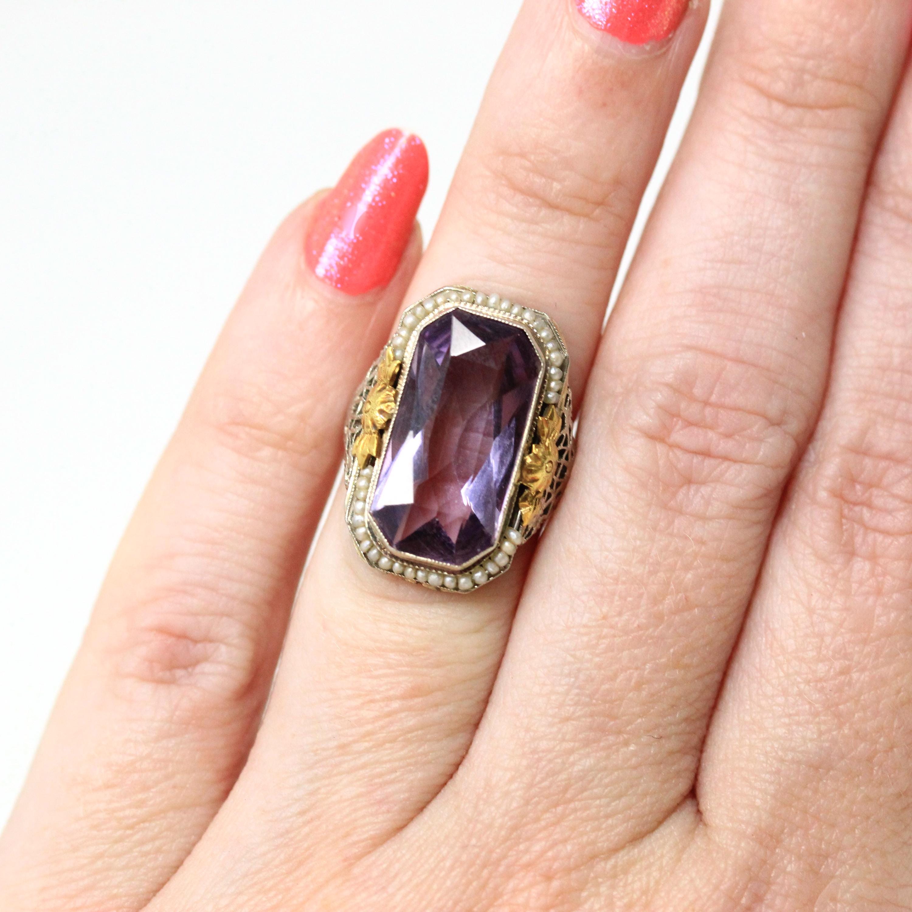 Genuine Amethyst Ring - Vintage Art Deco 14k White Gold Rectangular Purple Gem - Circa 1930s Size 2 1/2 Seed Pearl Halo Flower Fine Jewelry