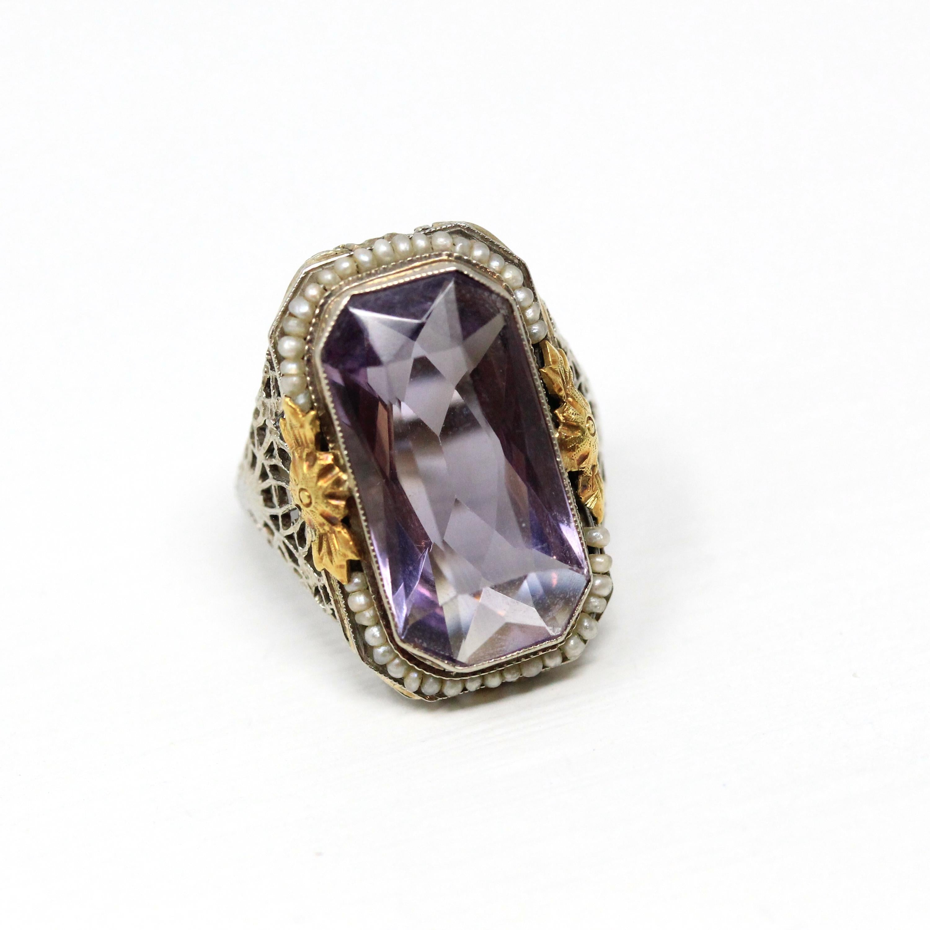 Genuine Amethyst Ring - Vintage Art Deco 14k White Gold Rectangular Purple Gem - Circa 1930s Size 2 1/2 Seed Pearl Halo Flower Fine Jewelry