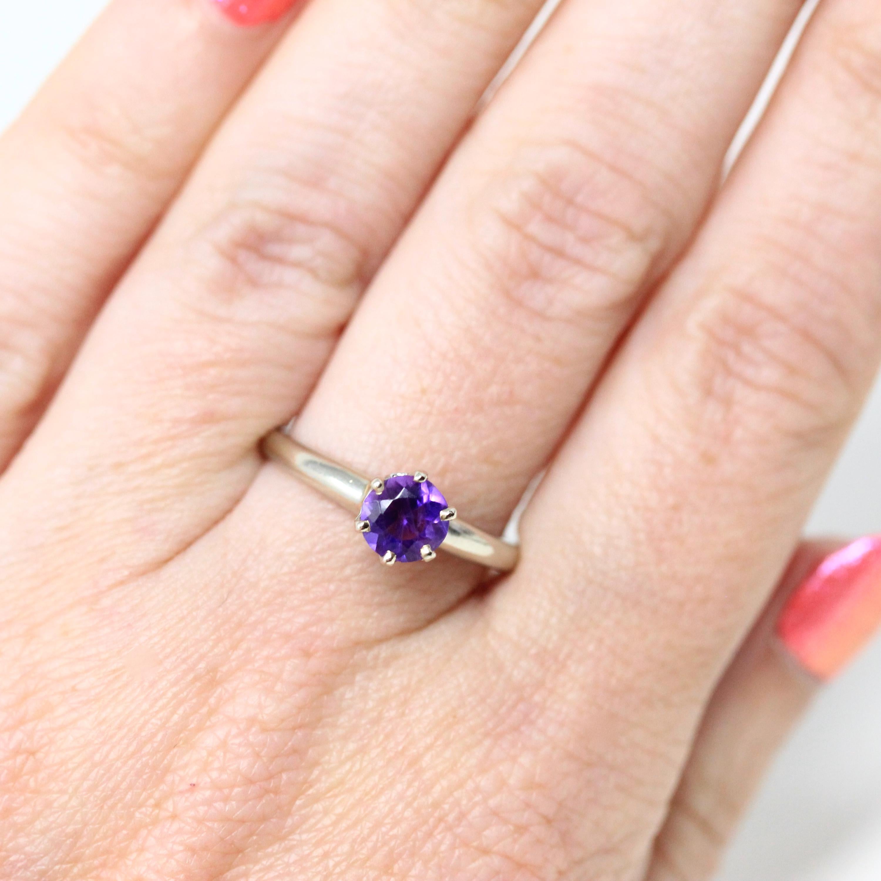 Mid Century Amethyst Ring - Vintage 14k White Gold Genuine Purple Gem - Circa 1950s Size 6 3/4 Solitaire February Birthstone Fine Jewelry