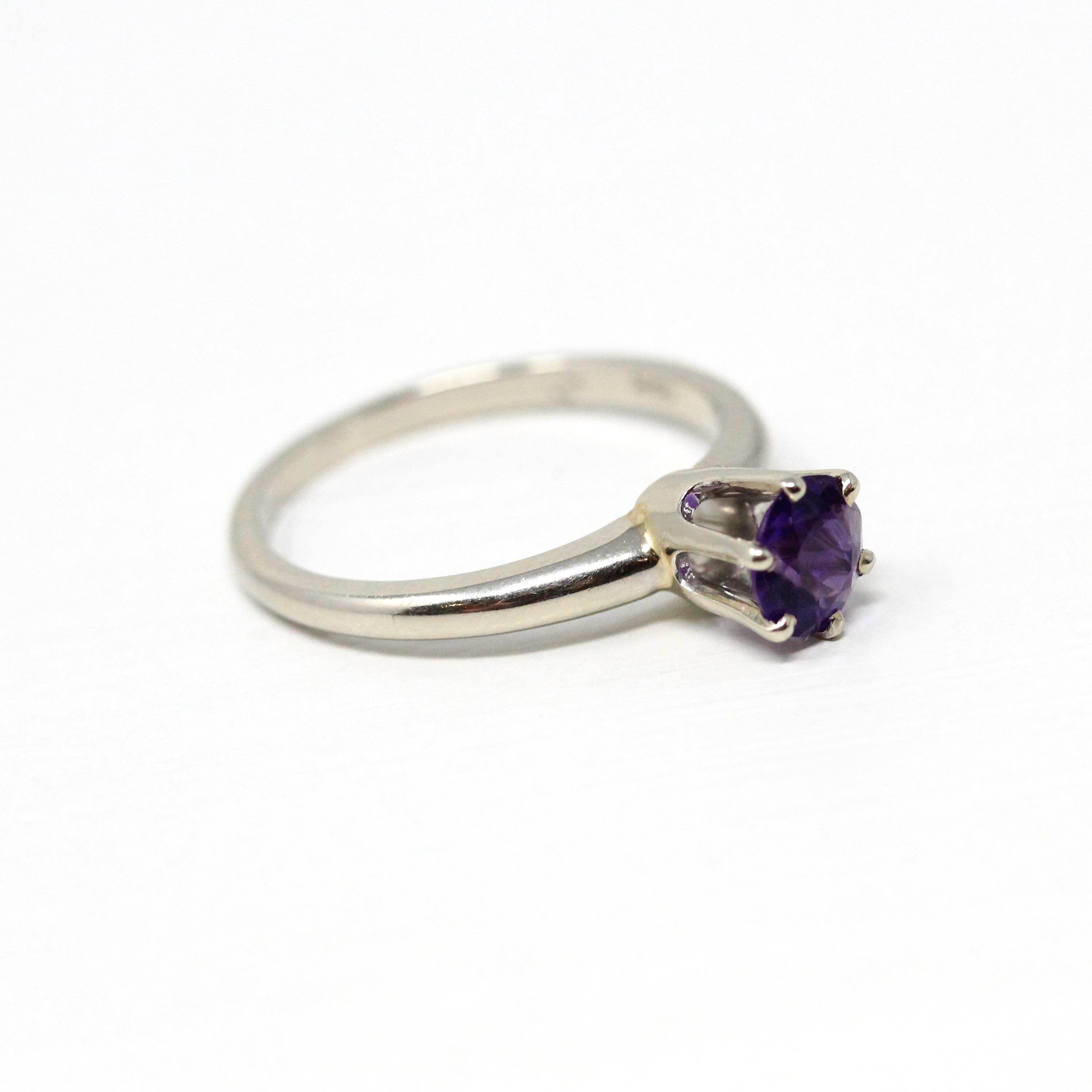 Mid Century Amethyst Ring - Vintage 14k White Gold Genuine Purple Gem - Circa 1950s Size 6 3/4 Solitaire February Birthstone Fine Jewelry