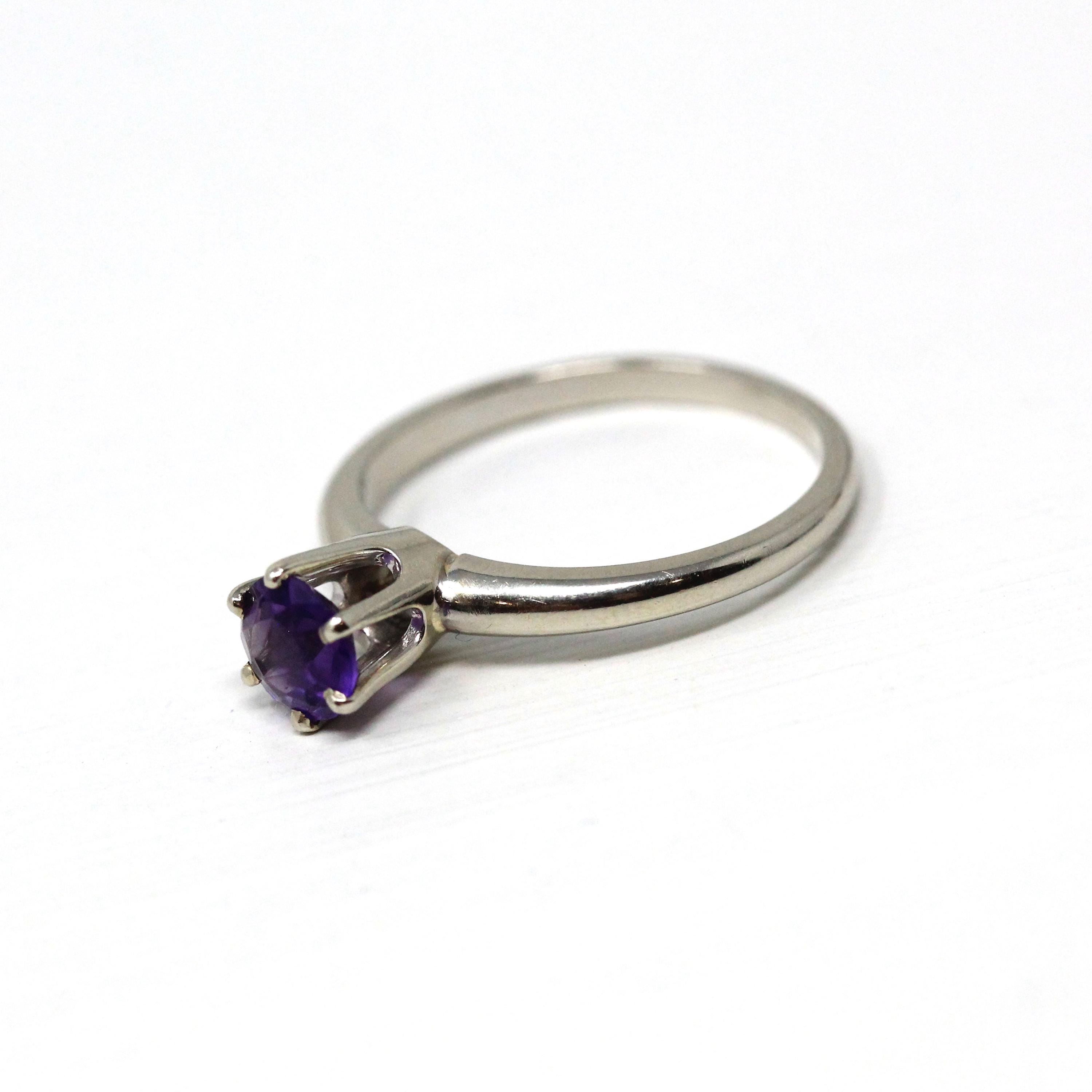 Mid Century Amethyst Ring - Vintage 14k White Gold Genuine Purple Gem - Circa 1950s Size 6 3/4 Solitaire February Birthstone Fine Jewelry