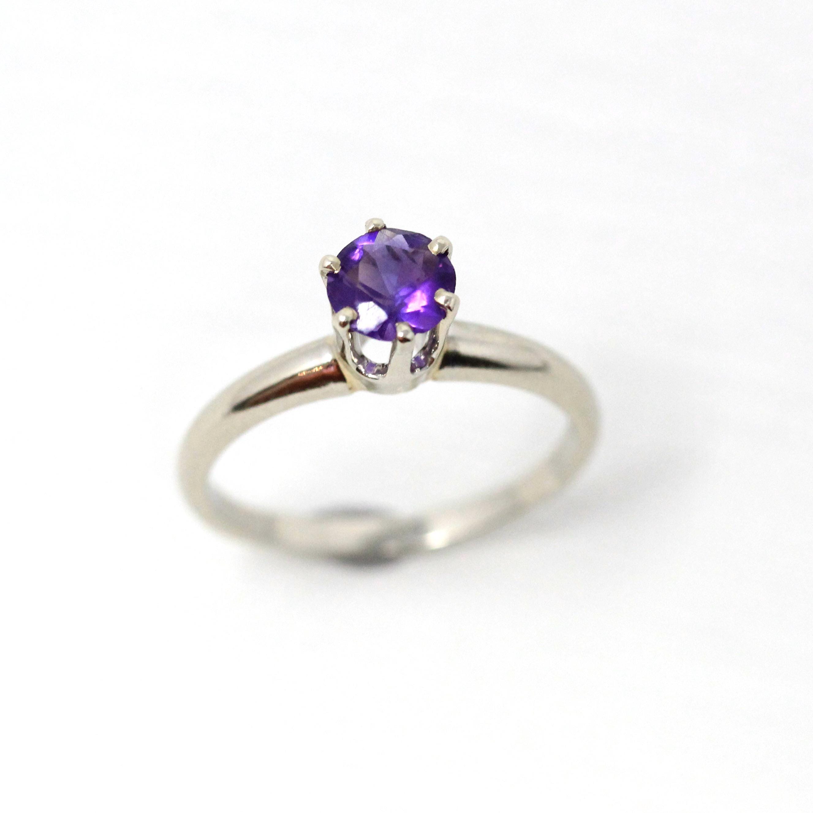 Mid Century Amethyst Ring - Vintage 14k White Gold Genuine Purple Gem - Circa 1950s Size 6 3/4 Solitaire February Birthstone Fine Jewelry
