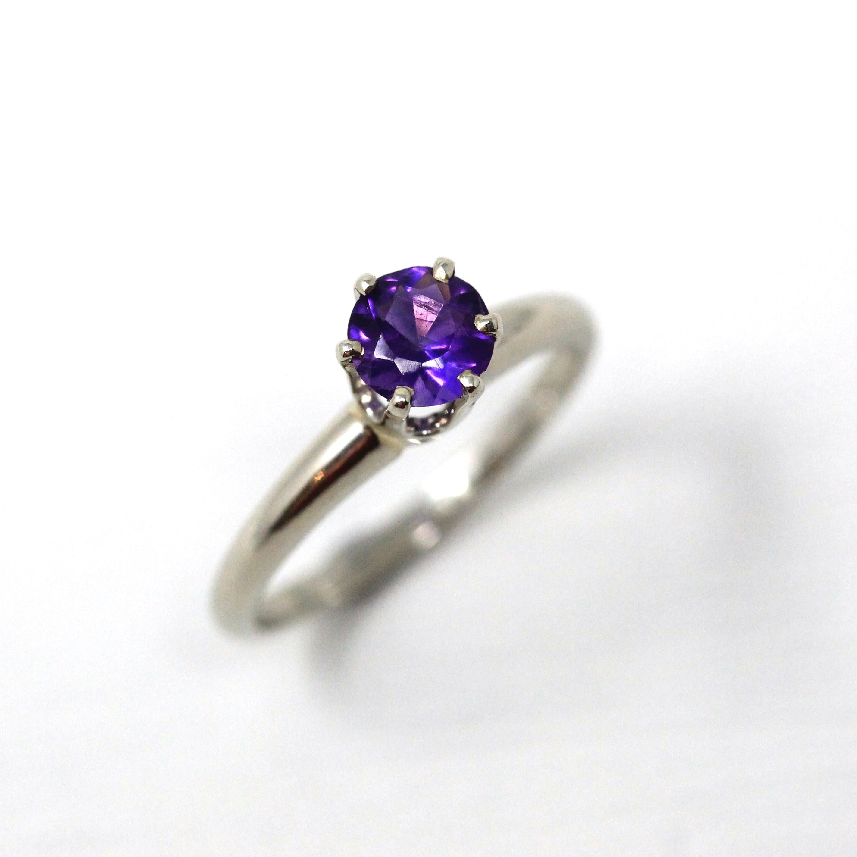 Mid Century Amethyst Ring - Vintage 14k White Gold Genuine Purple Gem - Circa 1950s Size 6 3/4 Solitaire February Birthstone Fine Jewelry