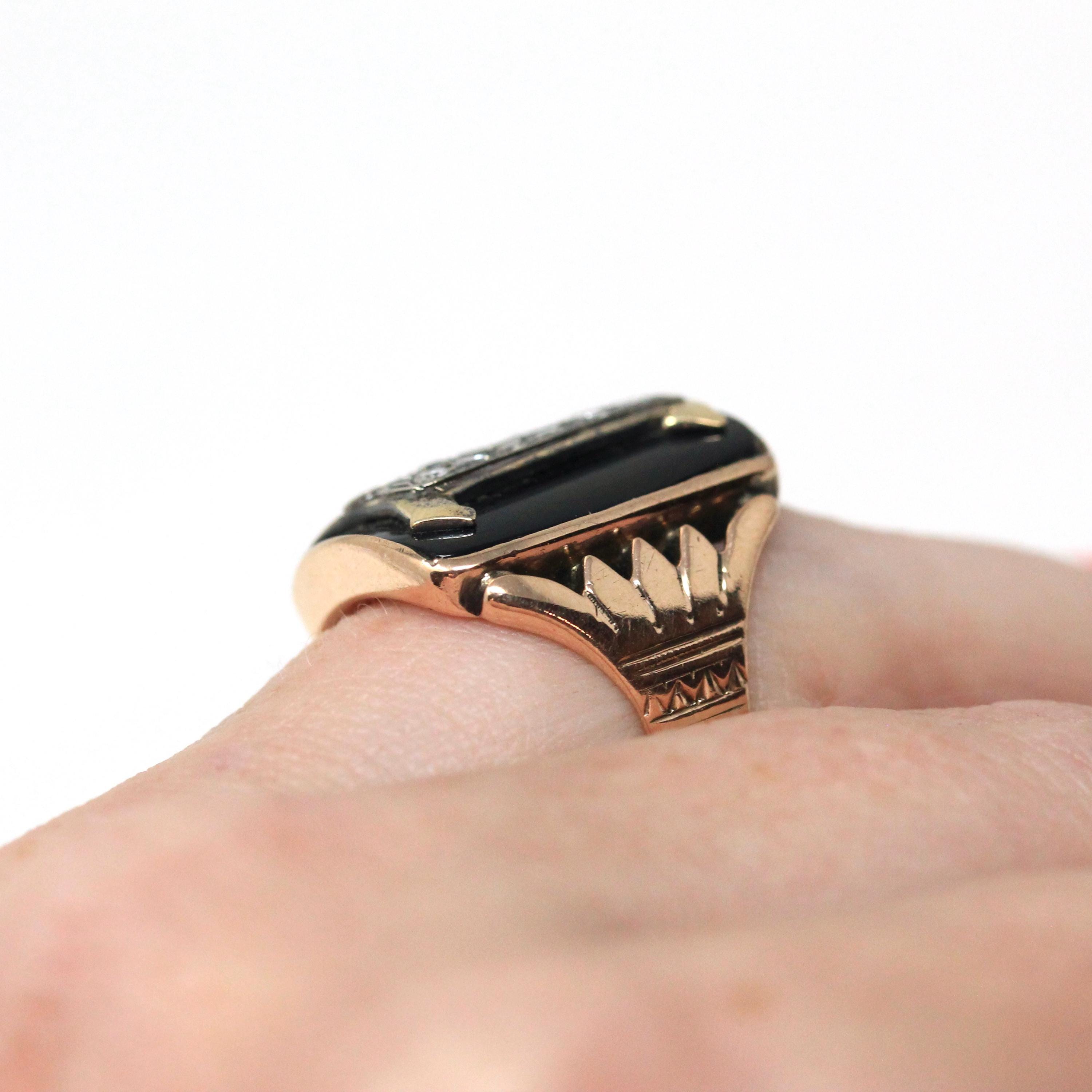 Letter "I" Ring - Victorian 10k Rose Gold Black Chalcedony Onyx Signet - Vintage 1890s Size 4 Black Initial Old English Diamonds Jewelry