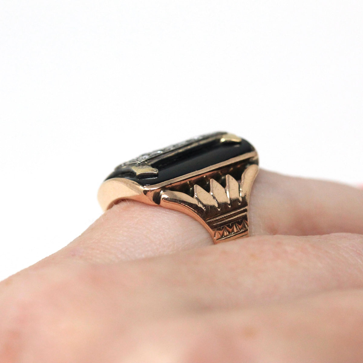 Letter "I" Ring - Victorian 10k Rose Gold Black Chalcedony Onyx Signet - Vintage 1890s Size 4 Black Initial Old English Diamonds Jewelry