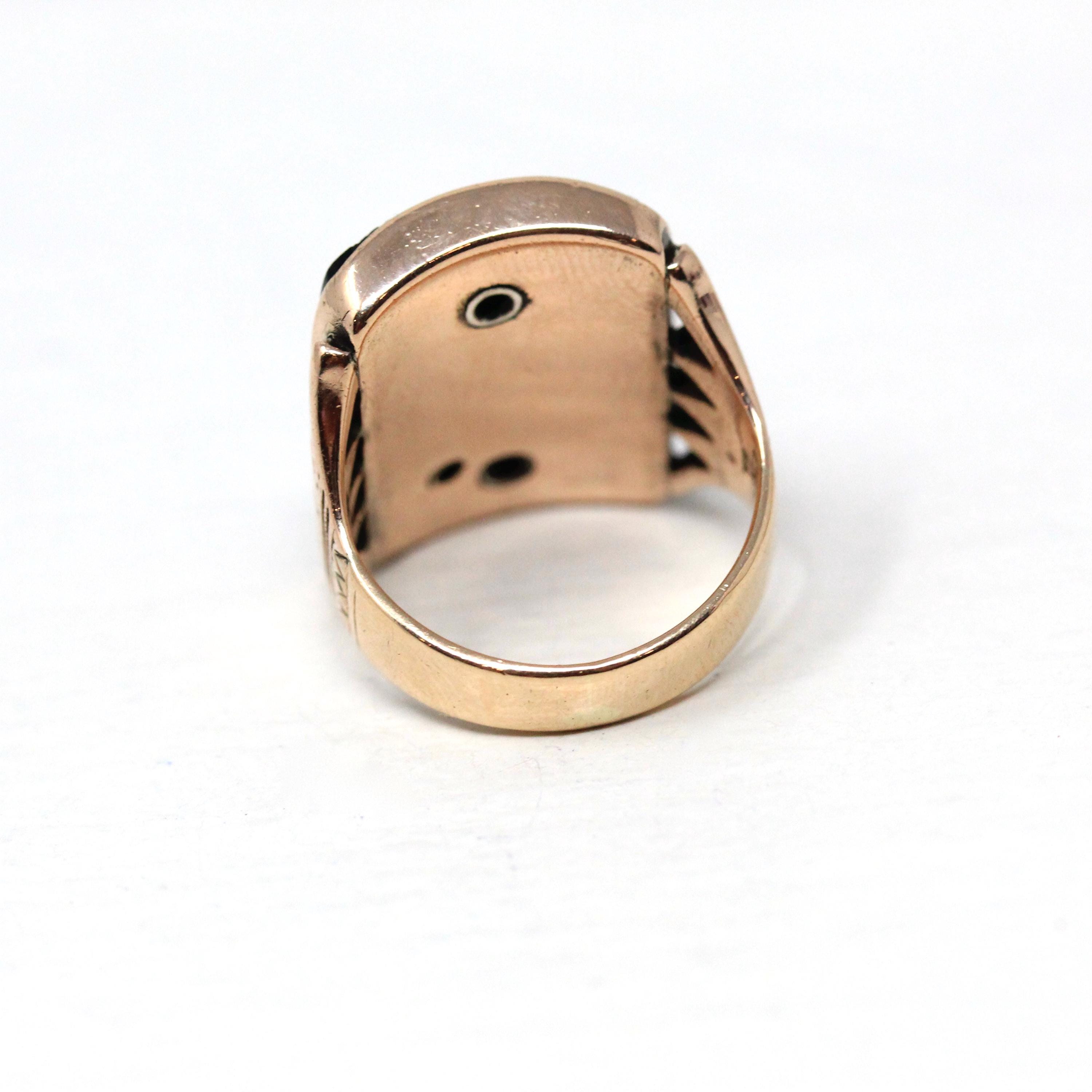 Letter "I" Ring - Victorian 10k Rose Gold Black Chalcedony Onyx Signet - Vintage 1890s Size 4 Black Initial Old English Diamonds Jewelry