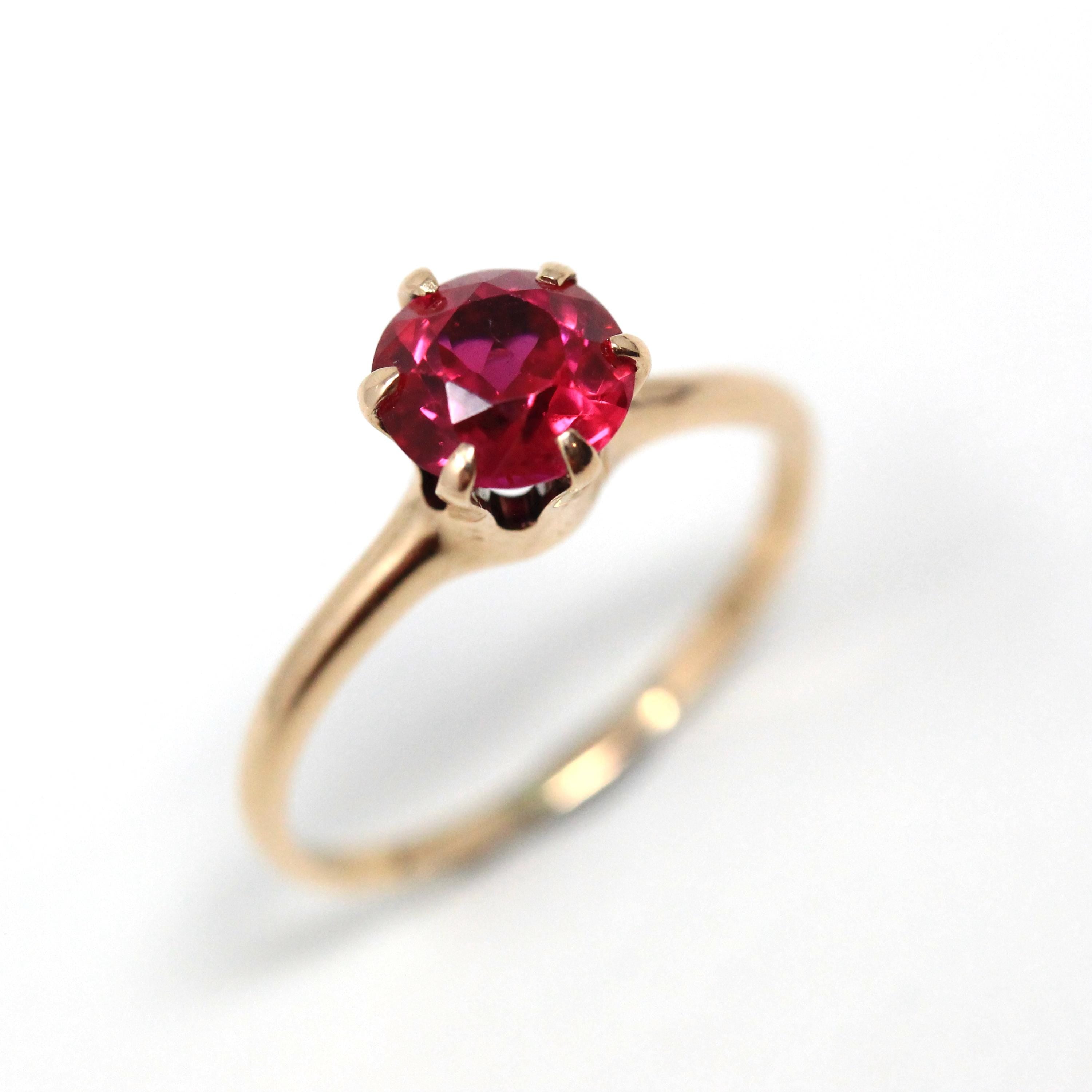 Created Ruby Ring - Retro 10k Yellow Gold Round Faceted Reddish Pink Stone - Vintage 40s Size 5.25 July Birthstone Fine Solitaire Jewelry