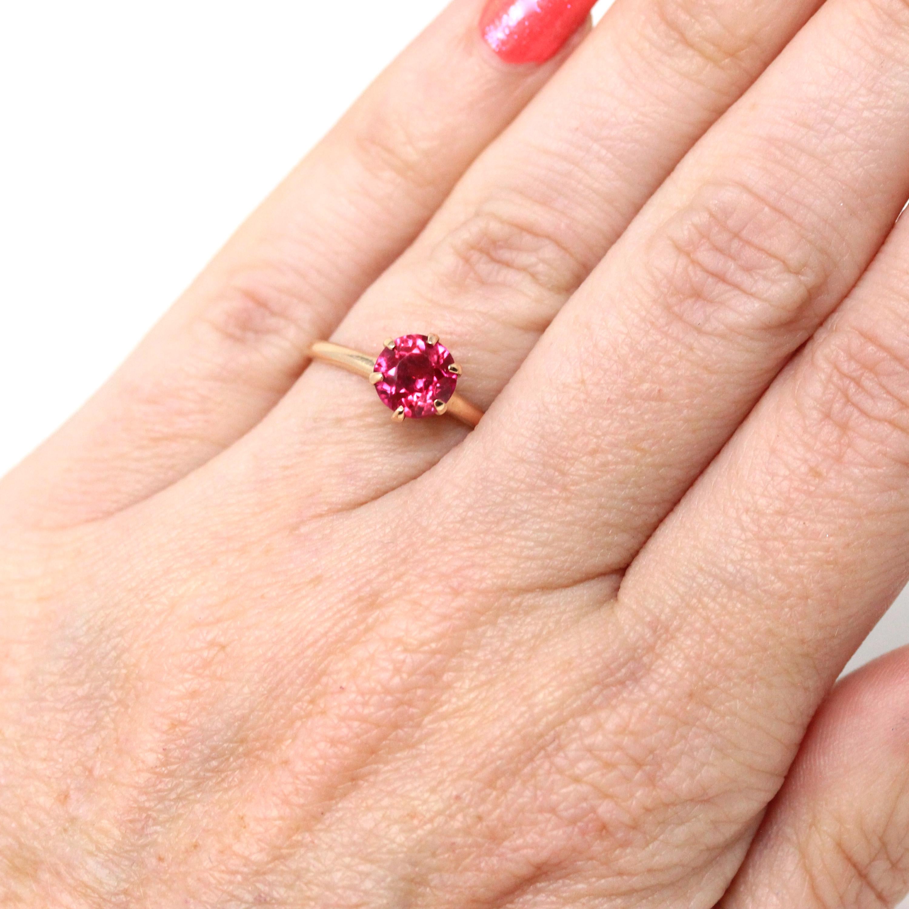 Created Ruby Ring - Retro 10k Yellow Gold Round Faceted Reddish Pink Stone - Vintage 40s Size 5.25 July Birthstone Fine Solitaire Jewelry